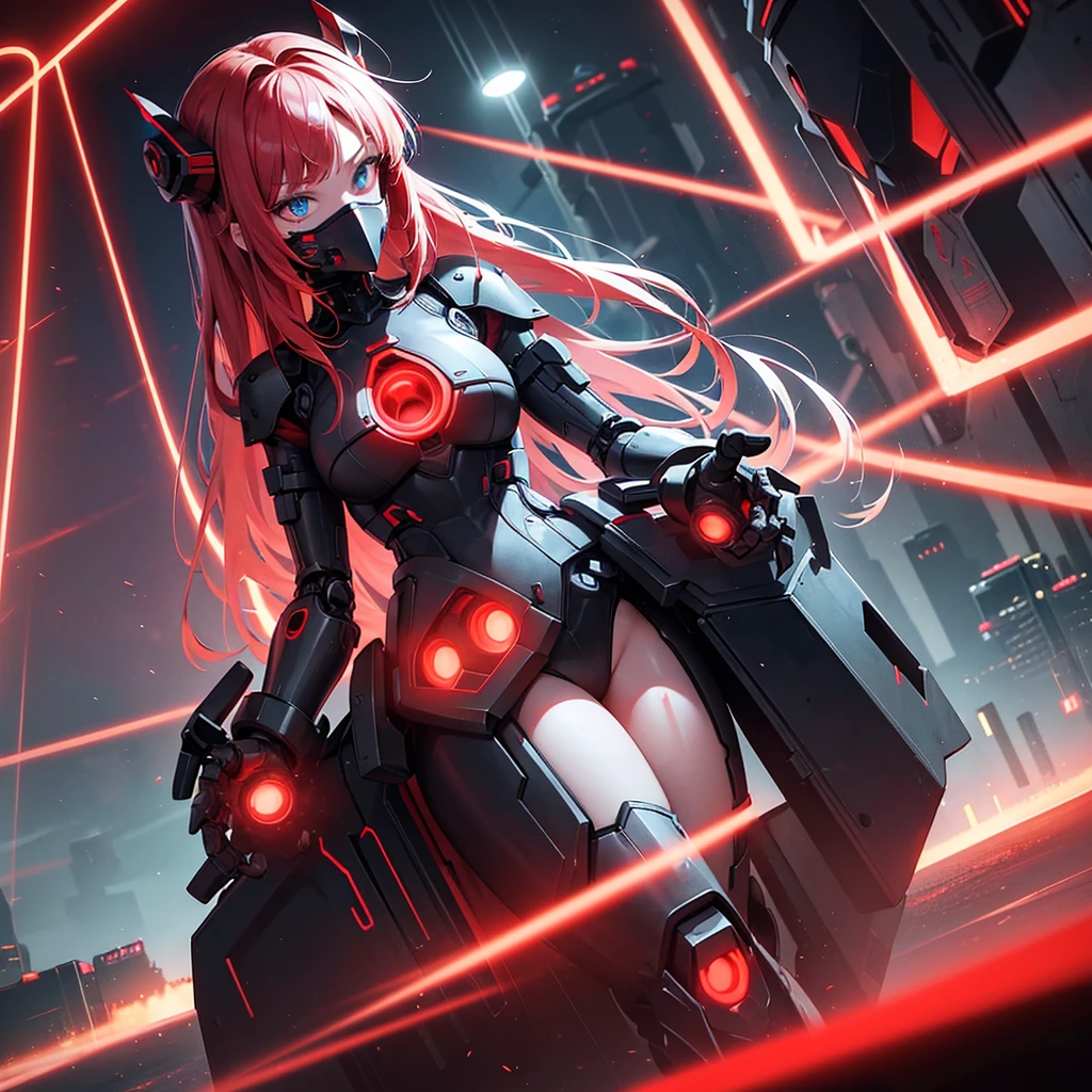 View from below, angle from below, flat horizon photo, Girl android , she has long red hair, she has a mask on her face, a respirator, a woman with sexy hips, half cyborg, technological modifications. Beautiful face, black metal cybernetic android robot body in black color, Large, wide hips, suit with red indicator lines with many red details, cybernetic armor with a red glow from under the joints and joints, she has blue eyes , frame with a flat horizon, Anime Style Photography , Red Lasers, black background Cyberpunk style, the camera films Her from below, lower angle of photography, image background, night city and red neon lights, red lamps, red lighting, red flashes in the background