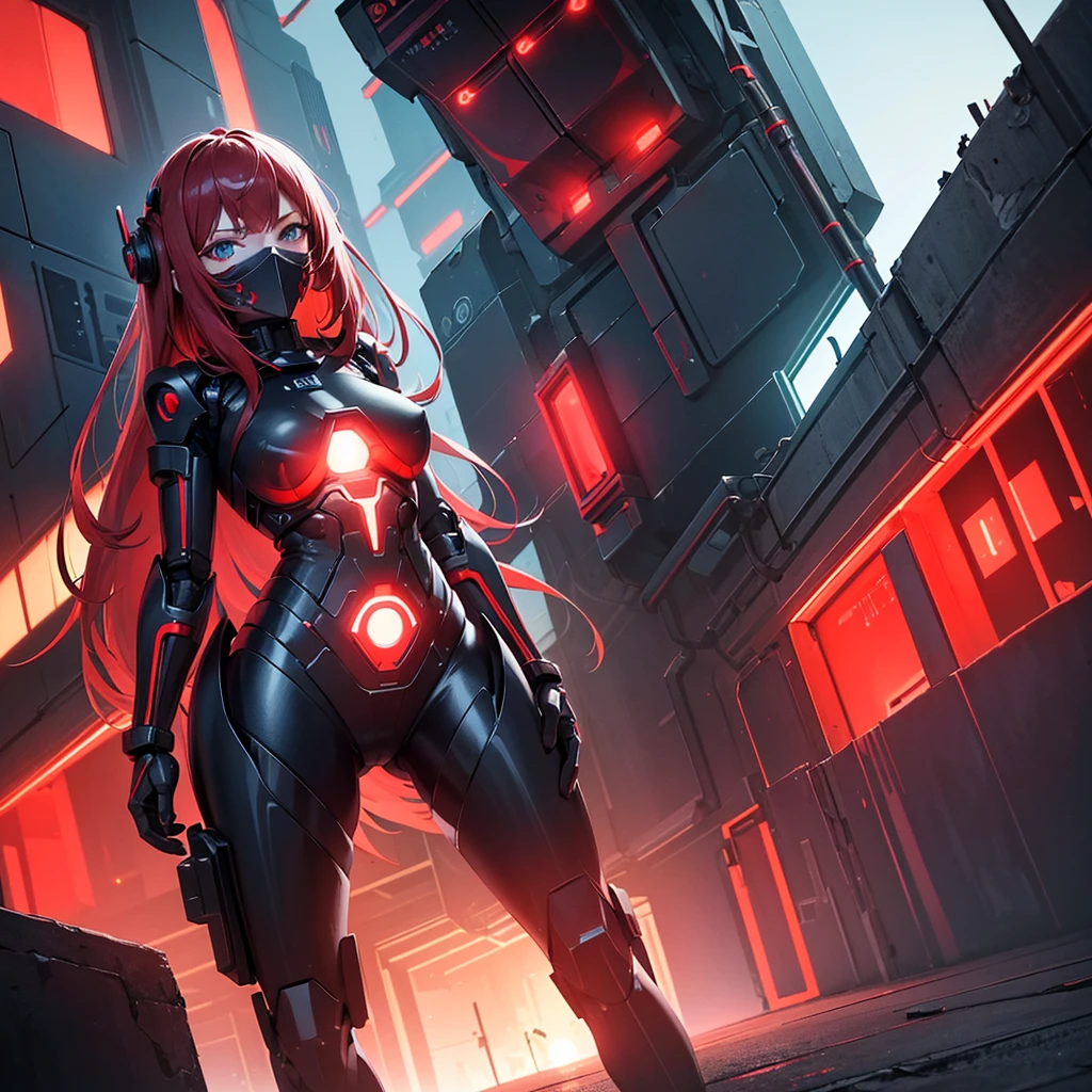 View from below, angle from below, flat horizon photo, Girl android , she has long red hair, she has a mask on her face, a respirator, a woman with sexy hips, half cyborg, technological modifications. Beautiful face, black metal cybernetic android robot body in black color, Large, wide hips, suit with red indicator lines with many red details, cybernetic armor with a red glow from under the joints and joints, she has blue eyes , frame with a flat horizon, Anime Style Photography , Red Lasers, black background Cyberpunk style, the camera films Her from below, lower angle of photography, image background, night city and red neon lights, red lamps, red lighting, red flashes in the background