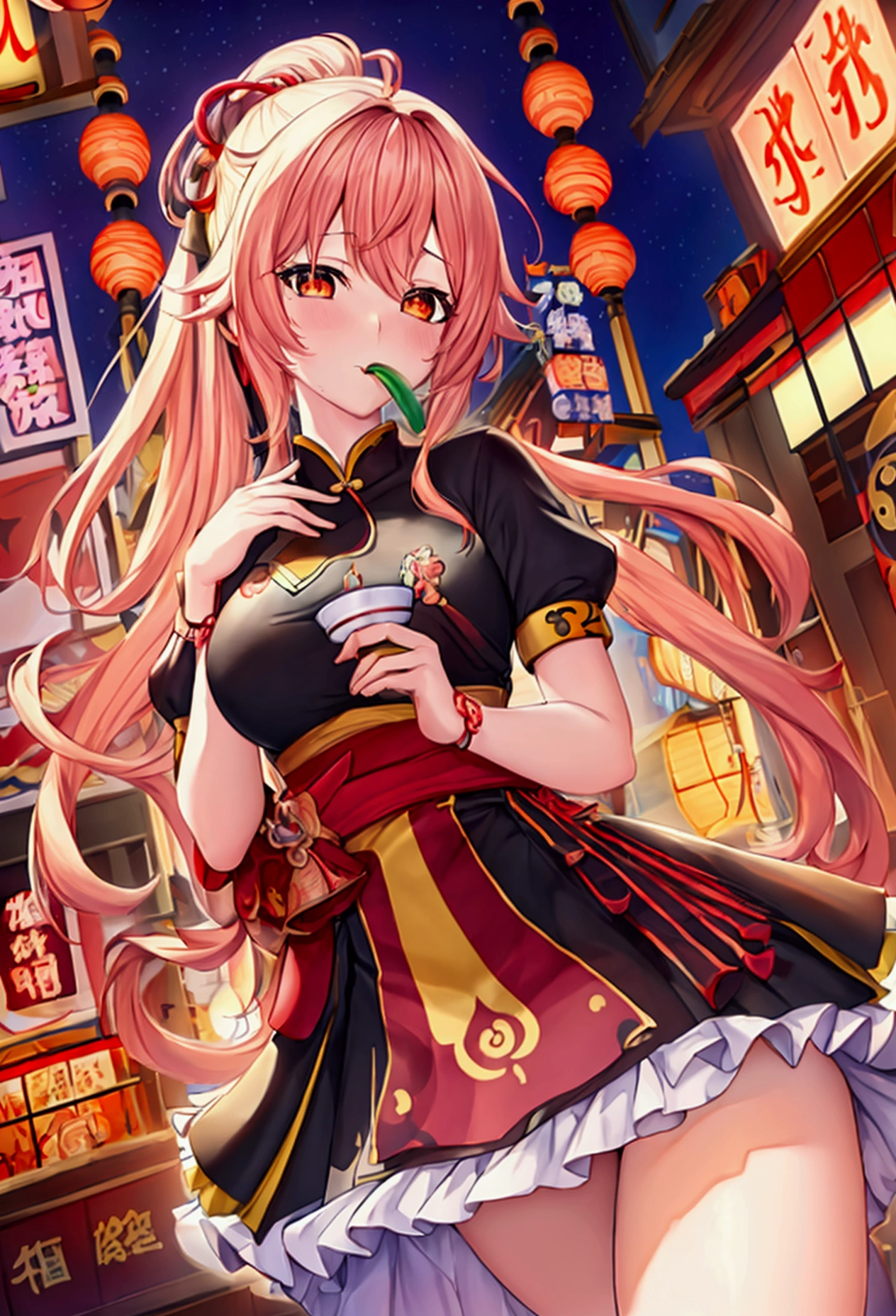 anime girl eating a bowl of food on a busy street, keqing from genshin impact, kawacy, zhongli from genshin impact, inspired by Pu Hua, digital anime illustration, anime visual of a cute girl, detailed digital anime art, bian lian, inspired by Lan Ying, artwork in the style of guweiz, by Yang J, official art, 4k very detailed, 8 k, anime wallpaper, hd anime wallpaper, realistic image, ultra realism, perpfect detail. hyper realistic, 4K, UDH. ultra detail, Hyper maximalism, fantasy