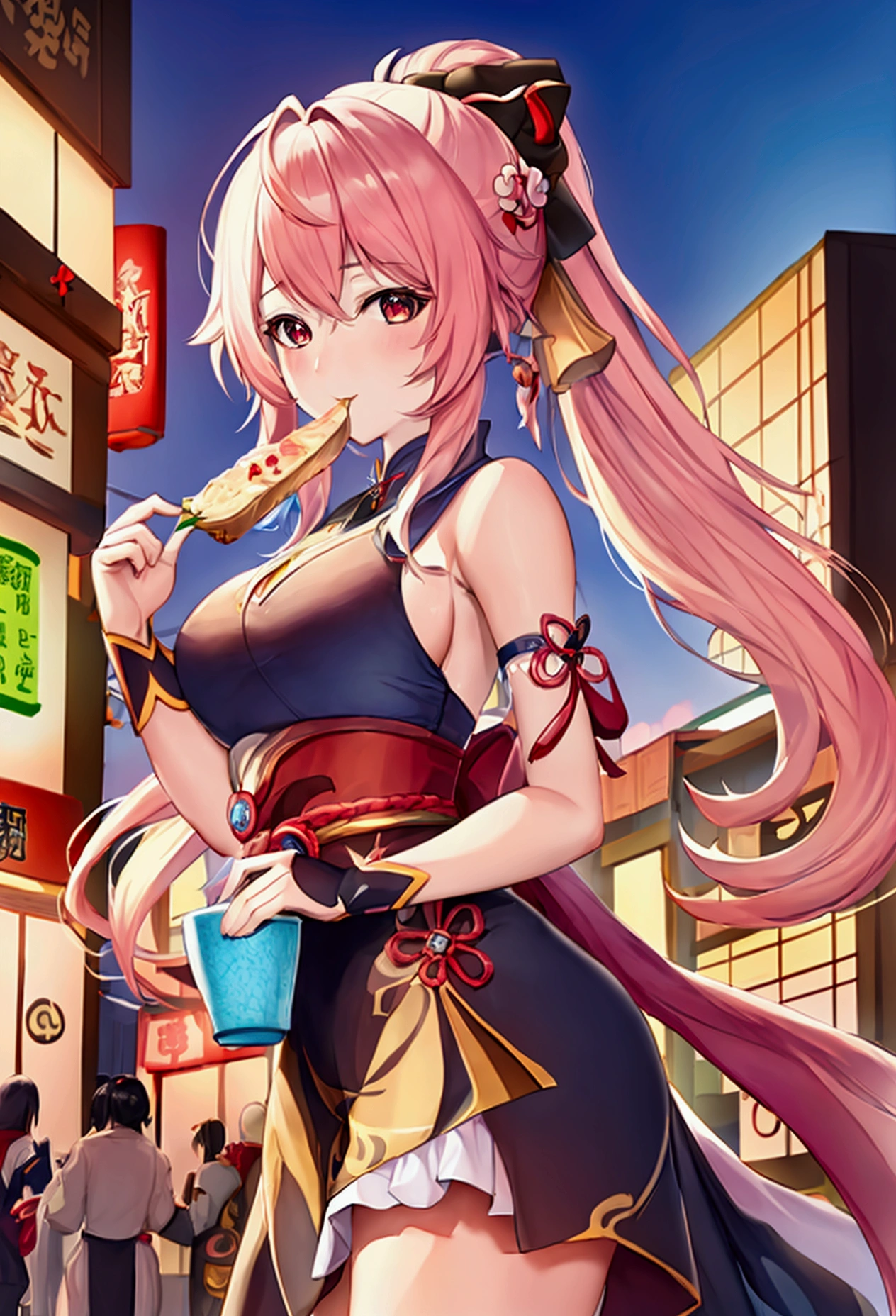 anime girl eating a bowl of food on a busy street, keqing from genshin impact, kawacy, zhongli from genshin impact, inspired by Pu Hua, digital anime illustration, anime visual of a cute girl, detailed digital anime art, bian lian, inspired by Lan Ying, artwork in the style of guweiz, by Yang J, official art, 4k very detailed, 8 k, anime wallpaper, hd anime wallpaper, realistic image, ultra realism, perpfect detail. hyper realistic, 4K, UDH. ultra detail, Hyper maximalism, fantasy

