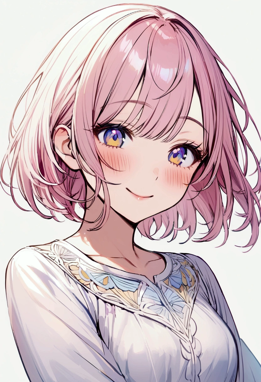 Young woman, short hair, pink-yellow hair, blue-purple-yellow eyes, Blue Makeup, white shirt, simple background, smiling, blushing, half body
