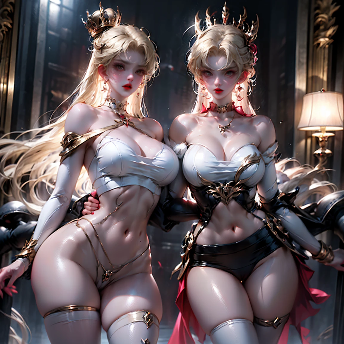 Ultra-clear，Super Resolution，Cute girl，Two girls close contact, 2 girls hugging，Two complete female bodies, Complete two female bodies, Female Love，Sexy, Off-shoulder, window, The rear window is backlit, (Rim Light), Deep understanding, lust, Very shy, ( Reflector lamp), Long legs and chest), Slim waist, Perfect body, Perfect hands, blond hair, purity, Jewelry, necklace, Earrings and Nipple Rings, crown, bookshelf, teapot, Magic Items，Mirror，snake，Tentacles，Cthulhu，Mucus，occultism，Low-light photography, Hip chuck, Glowing skin, Almost no clothes, 只穿Translucent clothing，Almost naked，Lopez, Pretty face, Sexual arousal, Sexual Expression, Hazy Beauty, Camel toe, Anatomically correct,  全身Female Love, Slender legs and waist，Big breasts and thin waist: 2，Sharp focus，The bones are straight，Correct body anatomy，Perfect anatomy，Bigger breasts，Big breasts are beautiful，Big Breasts，Especially huge，Sexual Positions，Translucent clothing，High slit，Sexy bulge，Thin legs，Thin ankles，Dramatic lighting，Vibrant details，Red Eyeshadow，make up，Full lips，Red lips，chiffon，Tight waistband，chiffon手套，(see through: 1.2)，blush，淡粉色Camel toe，Sex slave，Lewd，bursting massive breasts: 2, Sex addict，flush，Less clothing area，Show your belly button，Thin waist，Deep cleavage，(Expressing intense sexual pleasure: 1.5)，Sweating，Multicolored Glass，Pixie Short Hair