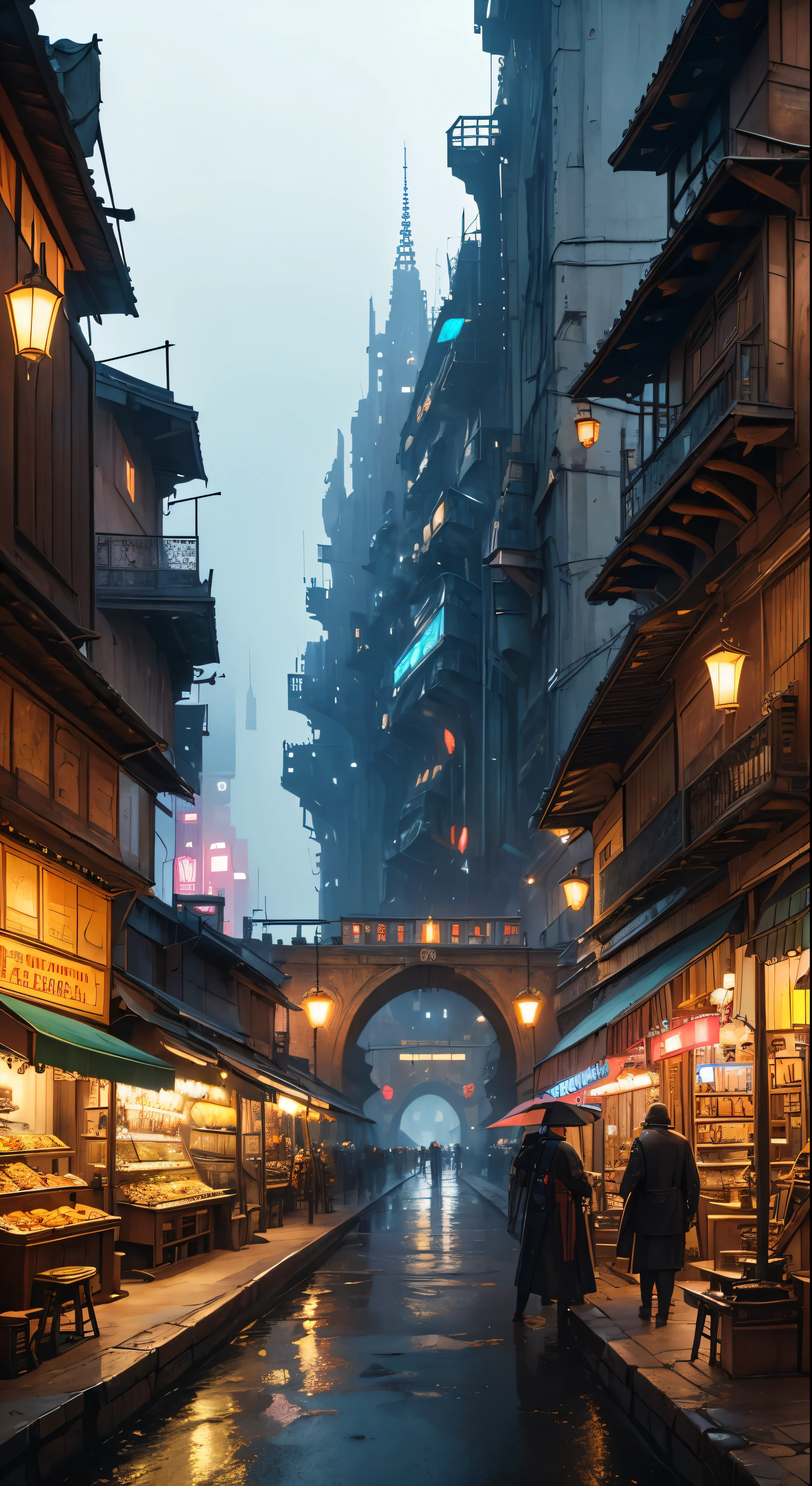 ((masterpiece)),((best quality)),((high detail)),((realistic,)) Futurist era city, deep gorges in the middle, architectural streets, bazaars, bridges, cyberpunk, European architecture, rainy night, neon, futuristic motorcycle