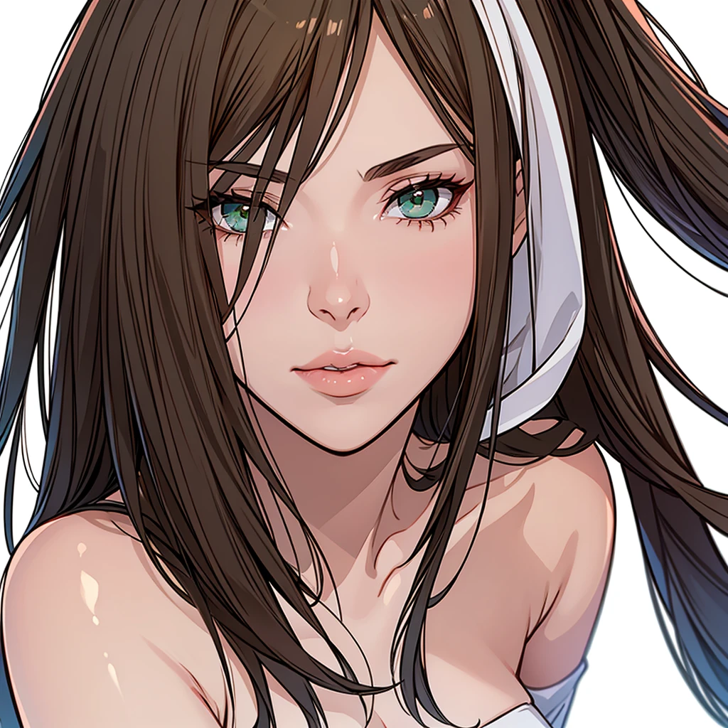 Aerith Gainsborough from final fantasy 7 rebirth, extremely detailed face, ((nude)), (upper body portrait), plain white background, (picture from front), (taken from front), (frontal picture), (looking at camera)