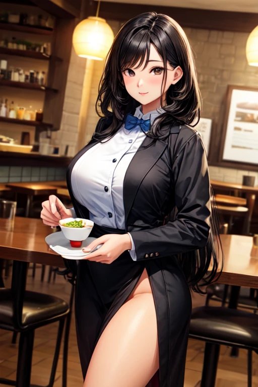Woman, black eyes, big skin color, big black hair, and wearing restaurant outfit