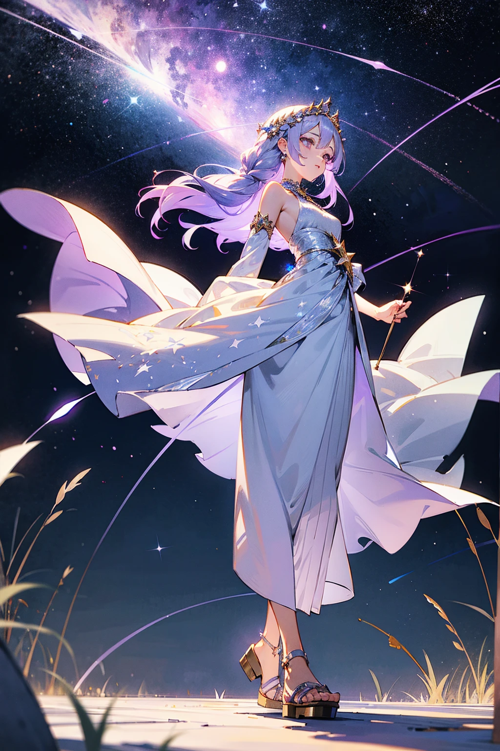 1female, lilac hair, silver eyes, wearing a flowing white gown with star patterns, silver sandals, standing on a path, meadow under a starlit sky with shooting stars, masterpiece, 8k.
