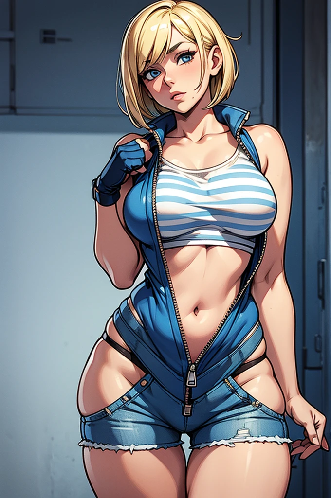 Blonde girl, short hair, blue eyes, with flushed cheeks, wearing a blue top zipper open, wearing tight, short denim shorts with the zipper open, showing her striped panties