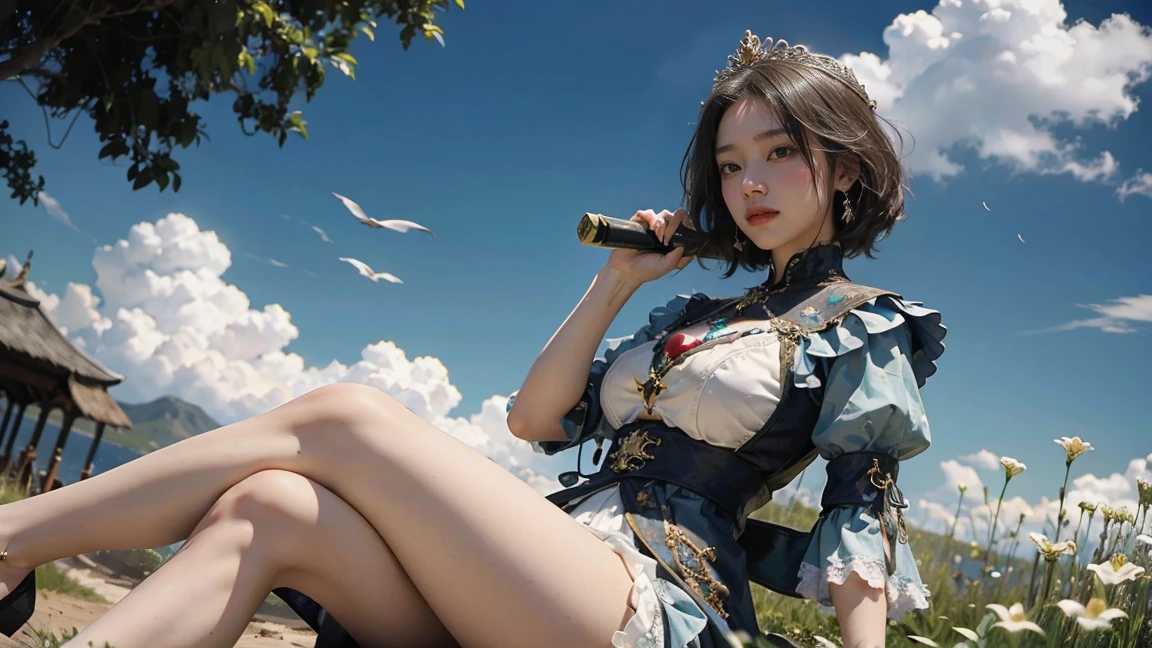 ((best quality)),白人女孩坐在transportation上,transportation,From below,open mouth,Scepter in hand,have,Large Breasts,The background is grassland,Fat Girl,Fat Face,White,White的,White厚底鞋,Cross your legs,short hair,((masterpiece)),((1 girl)), Lots of details,((Jewelry)),Medieval noble summer clothing, (Nikolai Fehin),(Fechinbu, That's how they are, ),(fat:1.1)