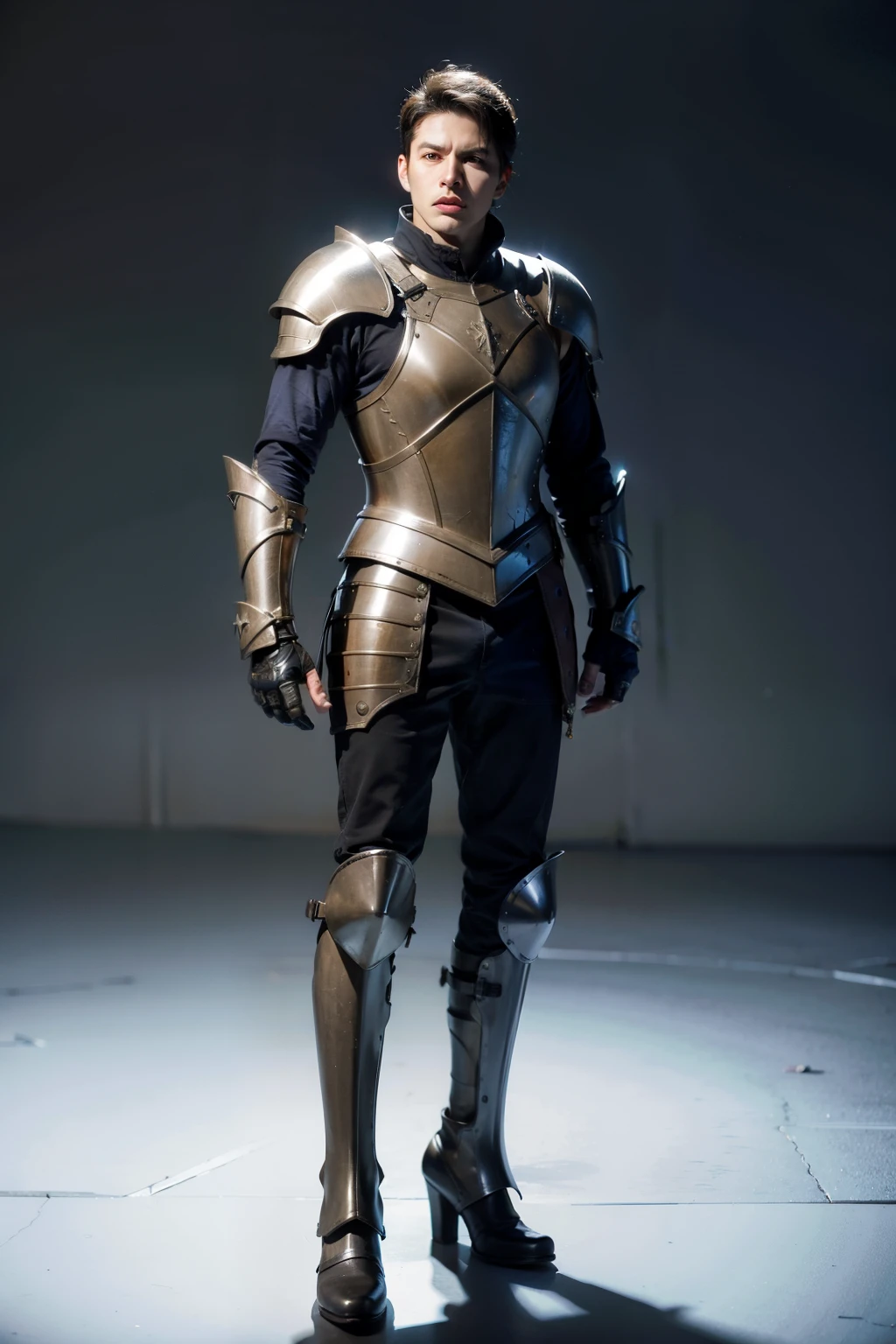 White young man , armour, 18 years old, military haircut, black hair, blue eyes fixed, intense gaze, affiliated features, no facial hair, height 1.93, weight 100 kg, aesthetic muscular build, broad shoulders, V-shaped body, full body focus, completely hairless,
