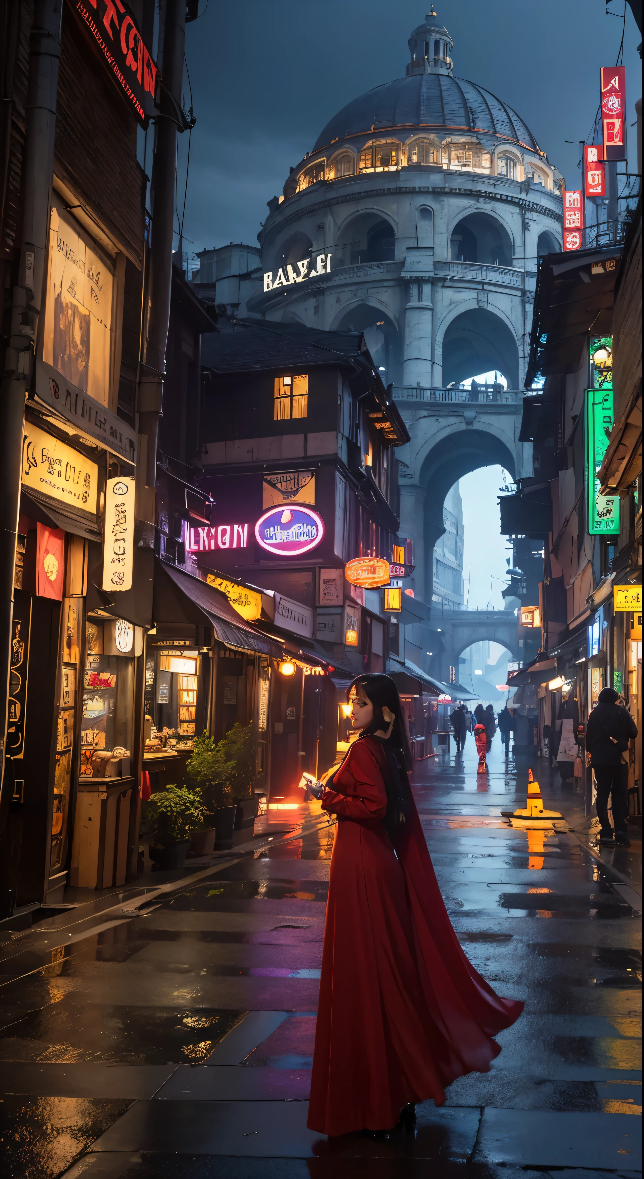 ((masterpiece)),((best quality)),((high detail)),((realistic,)) Futurist era city, deep gorges in the middle, architectural streets, bazaars, bridges, cyberpunk, European architecture, rainy night, neon, futuristic motorcycle