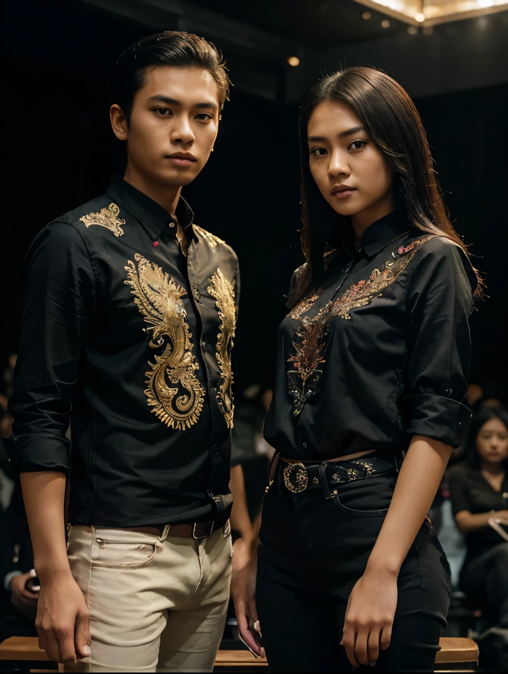 a young Indonesian man standing next to a young Indonesian woman. beautiful young woman, colour blouse shirt, black skinny jeans, with heels. best quality, realistic, photorealistic, (intricate detail: 1.2), (fine detail), (cinematic light), clear lines, sharp focus, realistic face, detailed face, unity 8k wallpaper, very high resolution, (photorealistic: 1.4), He was looking at the audience