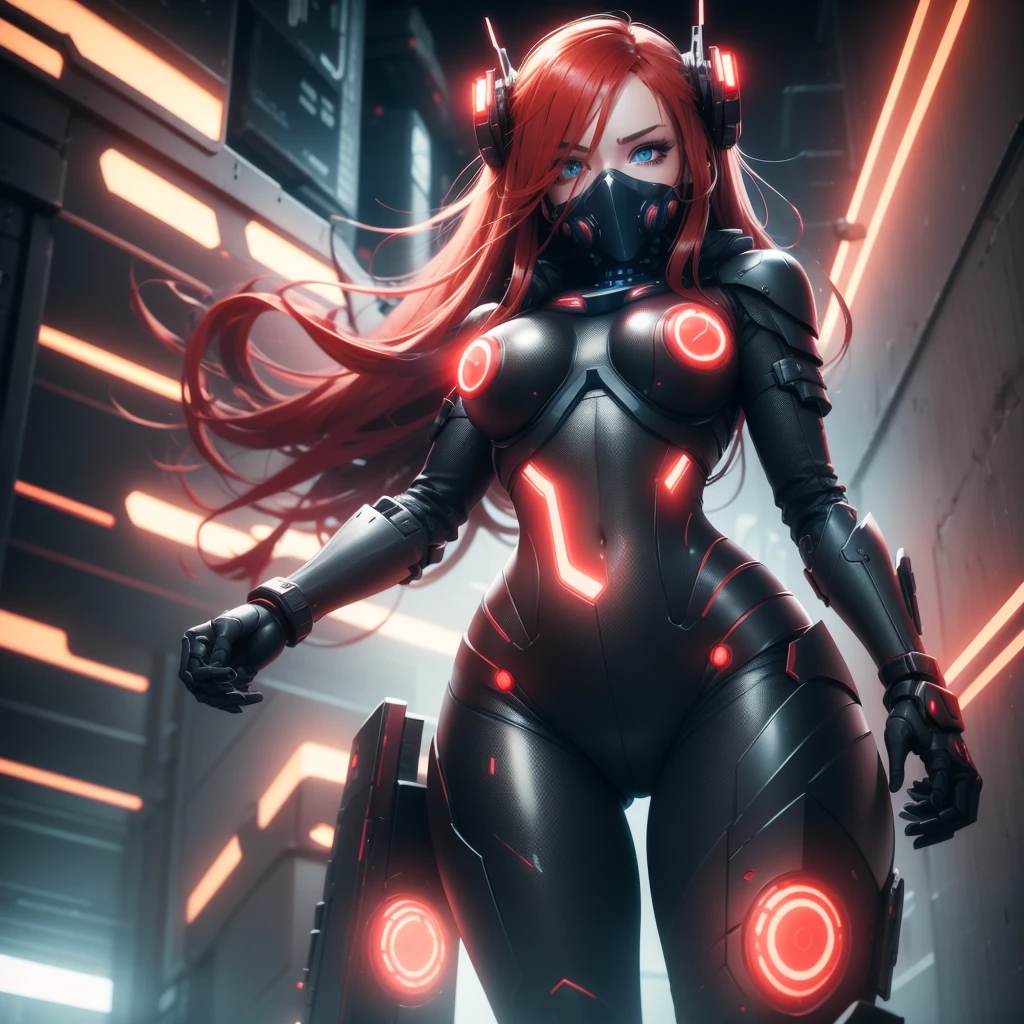 View from below, angle from below, flat horizon photo, Girl android , she has long red hair, she has a mask on her face, a respirator, a woman with sexy hips, half cyborg, technological modifications. Beautiful face, black metal cybernetic android robot body in black color, Large, wide hips, suit with red indicator lines with many red details, cybernetic armor with a red glow from under the joints and joints, she has blue eyes , frame with a flat horizon, Anime Style Photography , Red Lasers, black background Cyberpunk style, the camera films Her from below, lower angle of photography, image background, night city and red neon lights, red lamps, red lighting, red flashes in the background