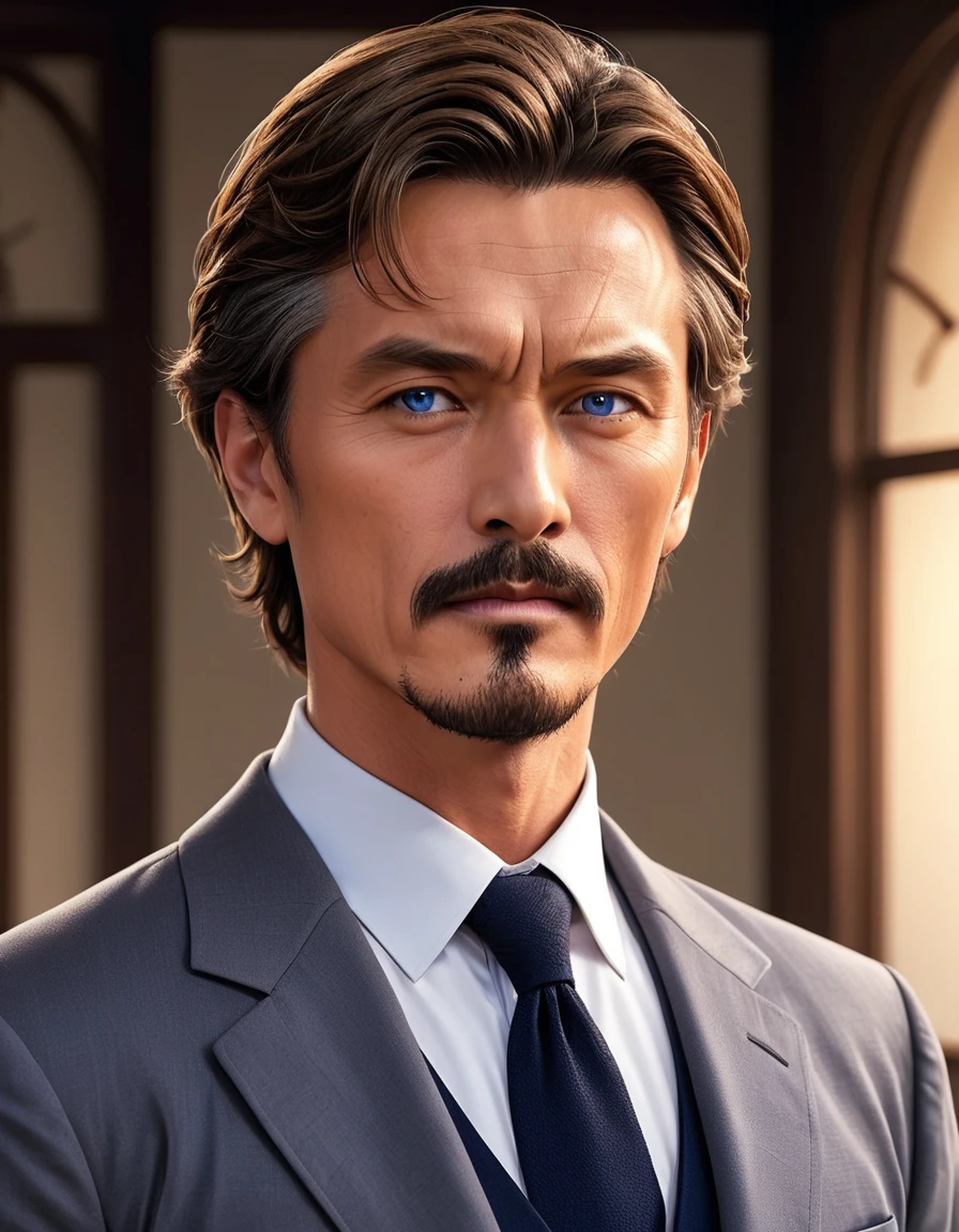 1man, mature male, parted bangs, medium-short hair, brown hair, muscular male celeb, short goatee, short mustache, indigo eyes, gentleman, elegant netori male, dark iris, ideal ratio body proportions, BREAK solo, white collared shirt, gray trench coat, black neck ribbon, upperwaist, BREAK in gentle sasaki style, visual novel, 2010s, extreme all detailed, masterpiece, best quality