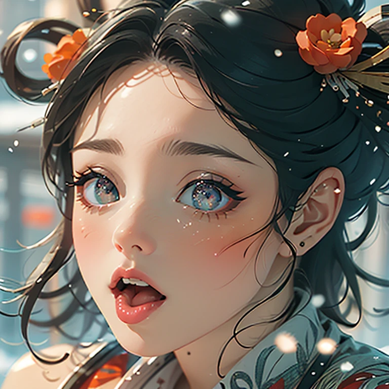ExtremelyDetailed Kawaii girl Face,(Close-up Sweet lips), glossy lips with beautiful details, Coquettish tongue, Kissing to camera, towards the viewer, 8K TopQuality masterpiece,an extremely delicate and beautiful (ProfessionalPhoto:1.37), {Amazing|finely detail|official art|incredibly absurdres},ultra-detailed close-up shot, close up, (fish eye lens), wide lens, macro lens, Detailed reflective Eyes ElaboratePupils with (sparkling highlights:1.28) (Delicate Voluminous LongEyelashes:0.88), {(Tilted face:1.22)|Visible back of throat|saliva drips|naked shoulder}, (Dripping juice on tongue:1.23) snow particles