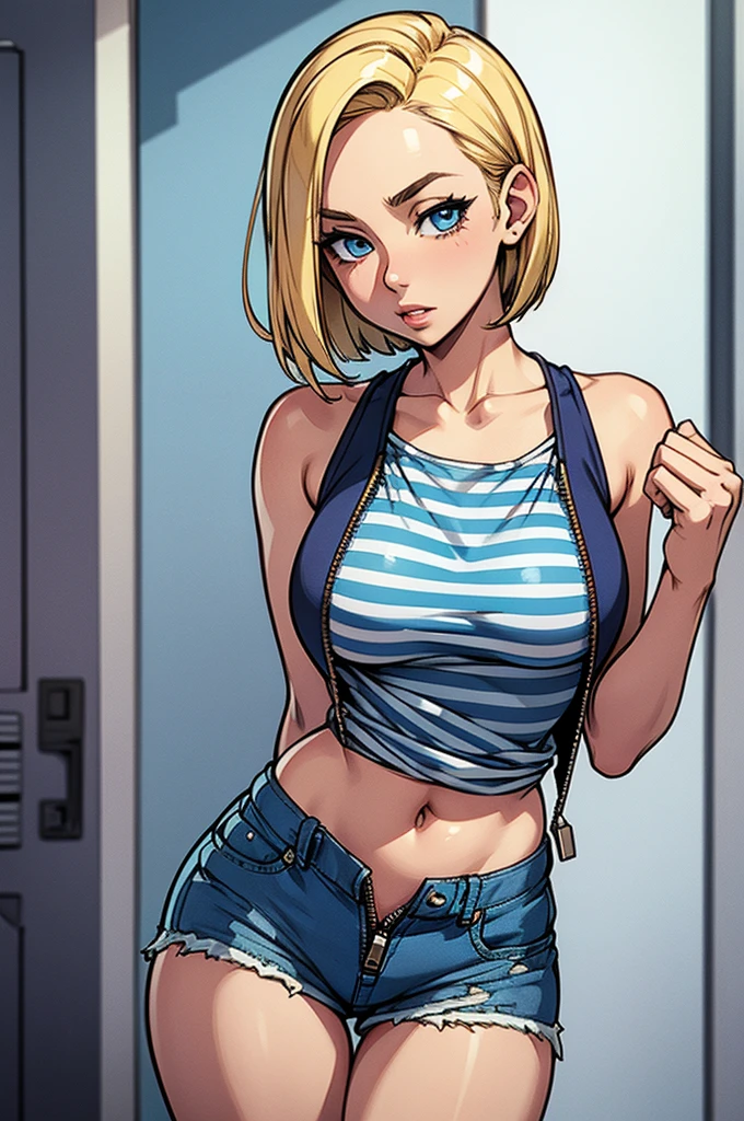 Blonde girl, short hair, blue eyes, with flushed cheeks, wearing a blue top zipper open, wearing tight, short denim shorts with the zipper open, showing her striped panties