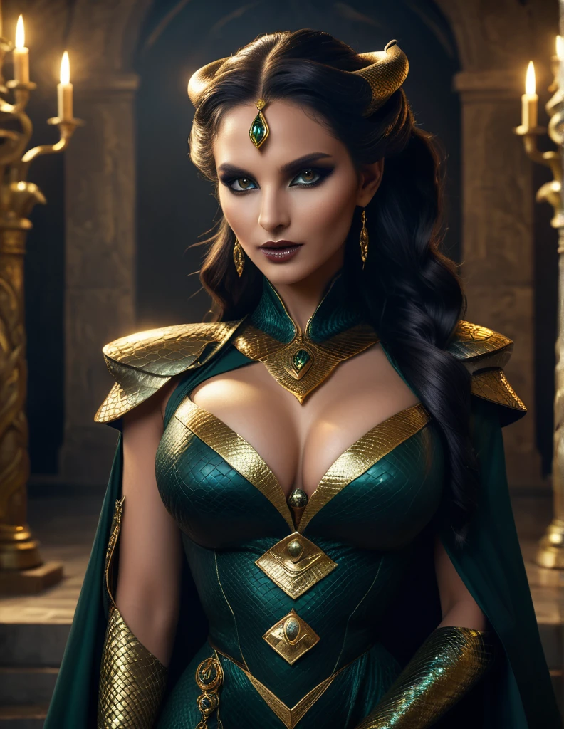 elegant snake priestess, serpentine features, mesmerizing golden eyes with slit pupils, delicate yet stern facial features, hidden venomous fangs, ebony serpent scales on her arms, hips, abdomen, regal yet practical robed attire, feline grace with an underlying tension, embodiment of ancient Stygian mysticism, magic and mystery, (best quality,4k,8k,highres,masterpiece:1.2),ultra-detailed,(realistic,photorealistic,photo-realistic:1.37), dark fantasy, cinematic lighting, dramatic colors, atmospheric, chiaroscuro