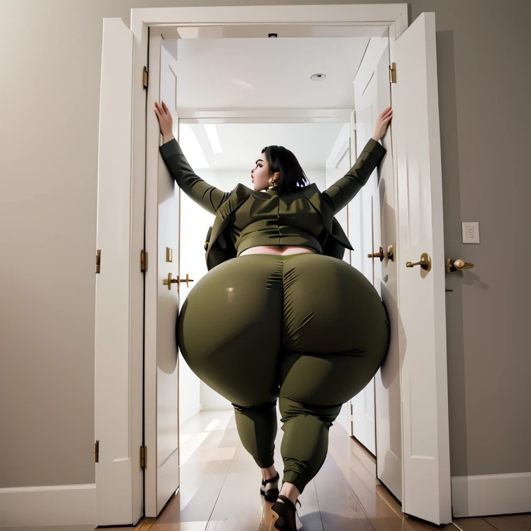 masterpiece, 1girl behind a doorway, from behind, (doorstuck, stuckback:1.3), ssbbw ,huge wide hips, round belly, thick thighs, giant butt,colorful clothing, wearing a olive green suit and tie and formal pants, upset, desperately trying to wiggle through, she tries to free herself but she won't budge, she is stuck tight view from above, she is too wide, the doorway is quite narrow too, she kicks her legs furiously, trying to wiggle her hips through the small door, but its no good, the door is too small, she keeps trying to squeeze through with frustration, she is stuck too tight