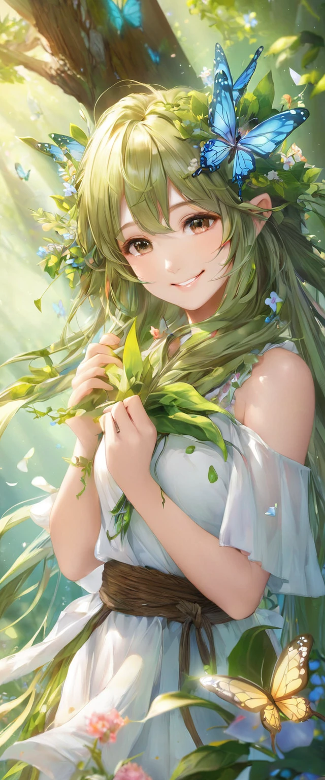 A girl, Dryad, Wood hair, Butterfly、petal、Smile
