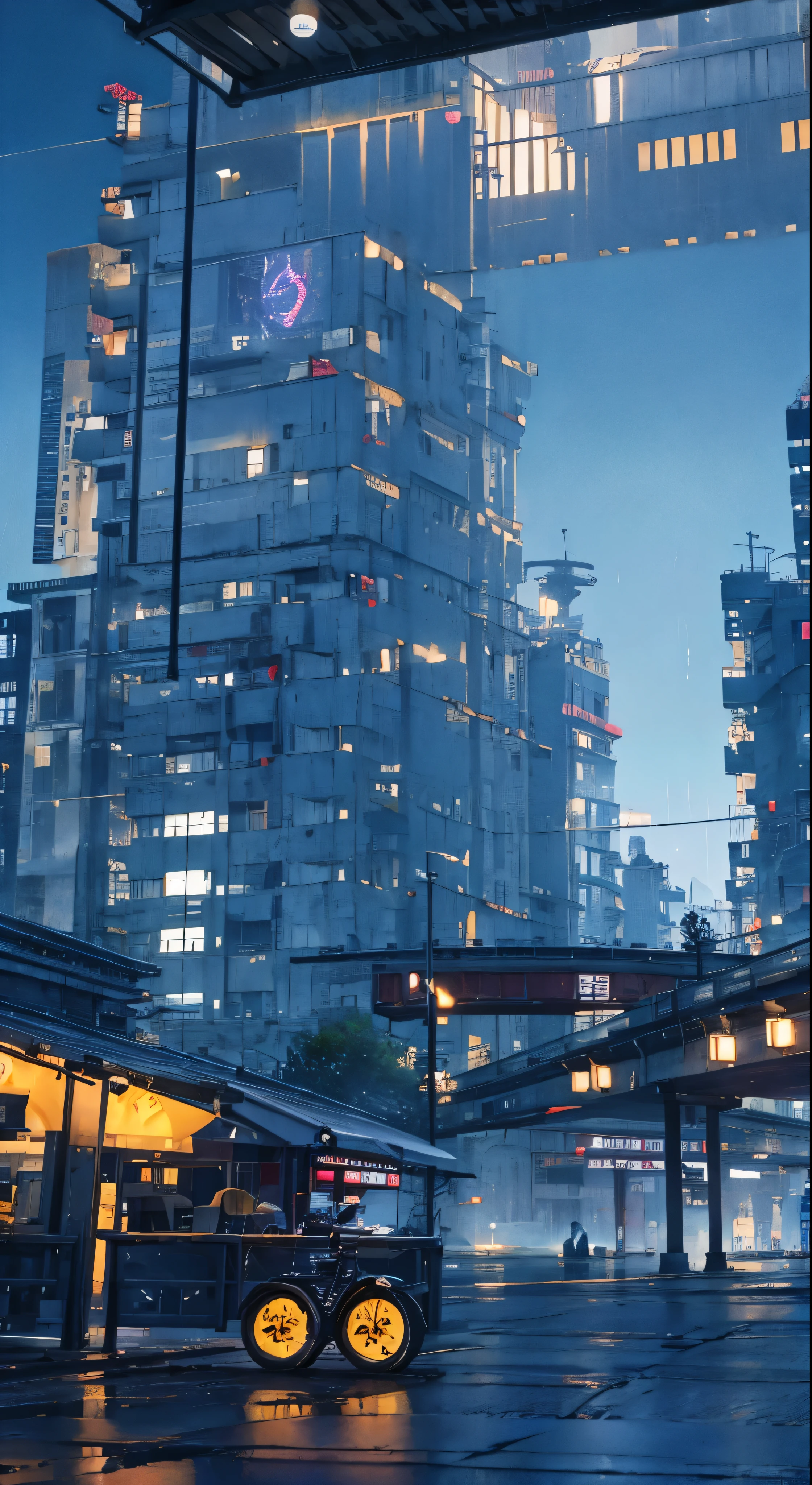 ((Highest quality))、((high detail))、((Real、))Futuristic City、Deep canyon in the middle、Architectural Street、Bazaar、bridge、cyber punk、European architecture、Rainy night、neon、Futuristic Motorcycle