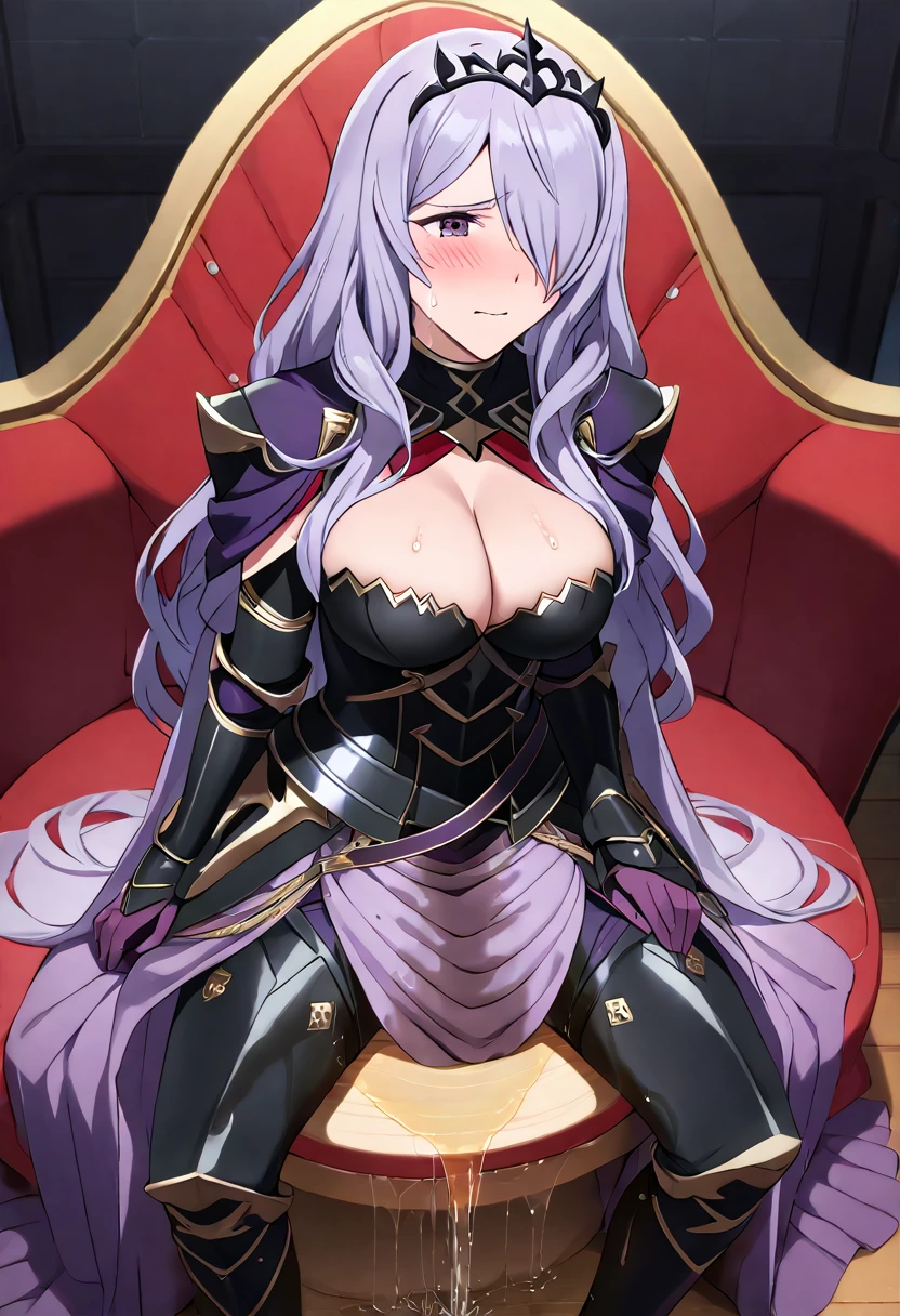 (high quality,Very detailed:1.37, High resolution), Woman, defCm, hair over one eye, black tiara,purple capelet, black armor, cleavage, gauntlets, gloves, armored legwear, very long dress, skintight dress, see-through, masterpiece, best quality, (wetting herself:2.0), (embarrassed:1.5), (humiliation:1.5), (sweating:1.25), (blushing:1.5), (sitting:1.5), throne, (hands at sides:1.5), from above, anime screencap