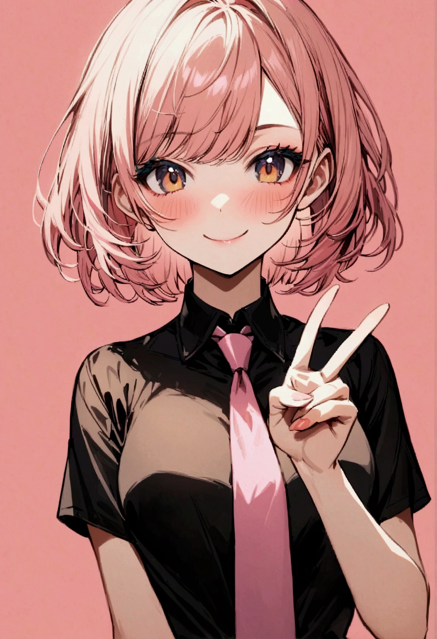 Young woman, Upper body, short hair, pink-yellow hair, Blue Makeup, black shirt, pink necktie, simple background, smiling, peace sign hand, blushing

