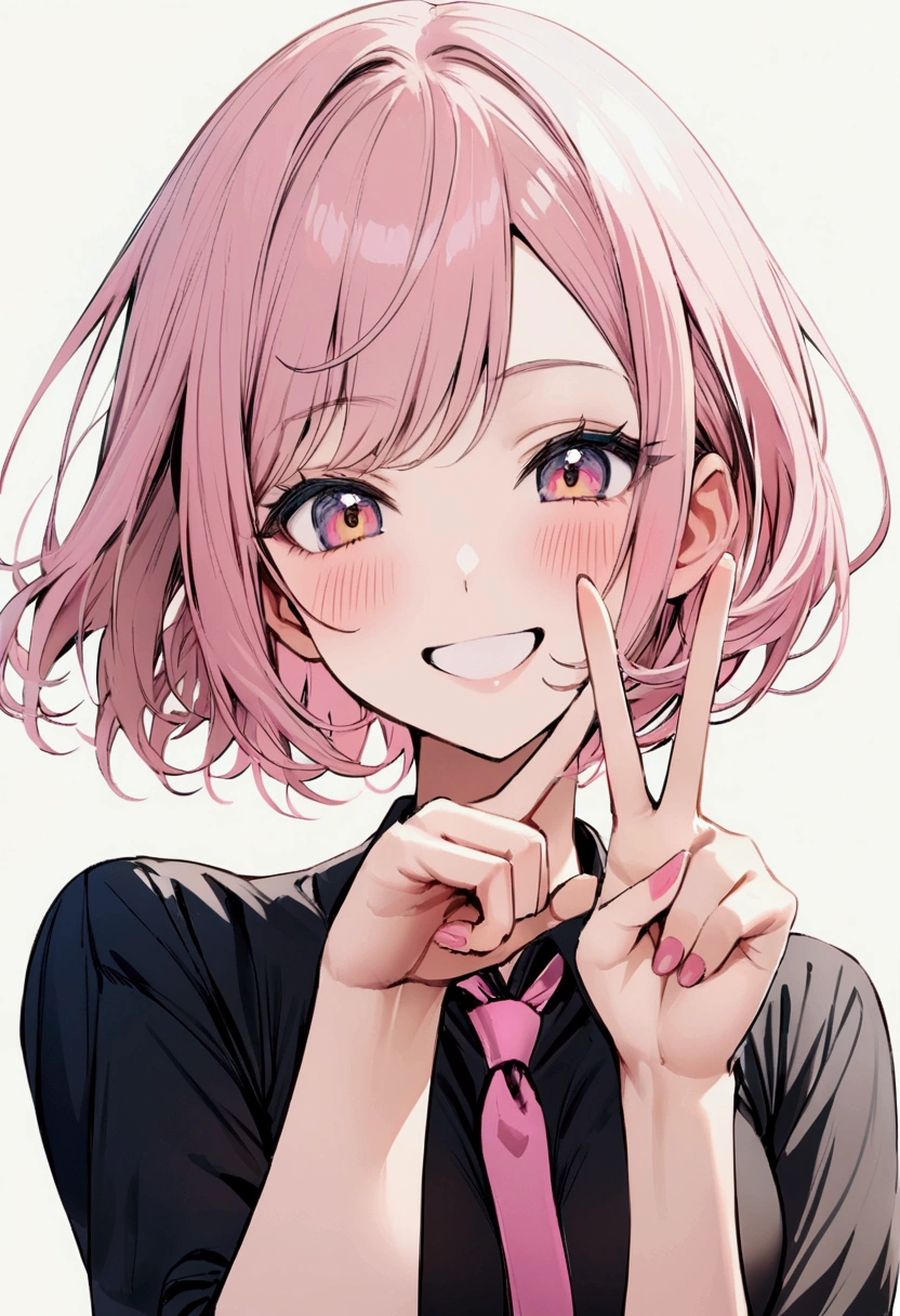 Young woman, Upper body, short hair, pink-yellow hair, Blue Makeup, black shirt, pink necktie, simple background, smiling, peace sign hand, blushing