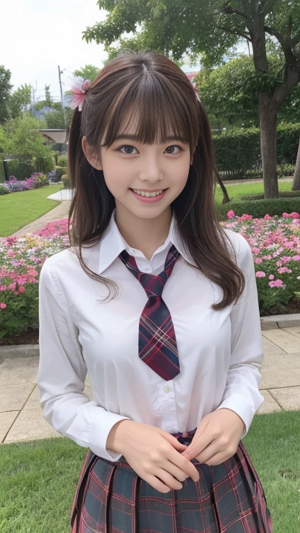 Tabletop, Highest quality, 8k、(Golden ratio face、Balanced Eyes、Very lively eyes、Slightly droopy eyes)、double eyelid、Innocent face、Young Face、Beautiful Nose、Embarrassed Laugh、Lip gloss、Balanced style、Brown twin-tail hair、Very beautiful girl、Beautiful girl solo like a model、Tartan check tie、Sailor suit、White shirt、Tartan Check Skirt、16Year、nice smile、teeth、The sun is dazzling、The flower garden at my house is in full bloom、Are standing、