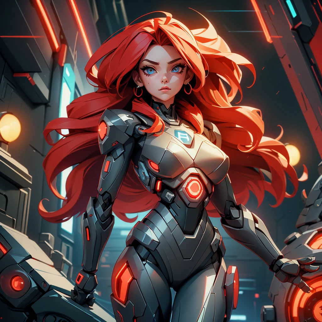 View from below, angle from below, flat horizon photo, Girl android , she has long red hair, she has a mask on her face, a respirator, a woman with sexy hips, half cyborg, technological modifications. Beautiful face, black metal cybernetic android robot body in black color, Large, wide hips, suit with red indicator lines with many red details, cybernetic armor with a red glow from under the joints and joints, she has blue eyes , frame with a flat horizon, Anime Style Photography , Red Lasers, black background Cyberpunk style, the camera films Her from below, lower angle of photography, image background, night city and red neon lights, red lamps, red lighting, red flashes in the background