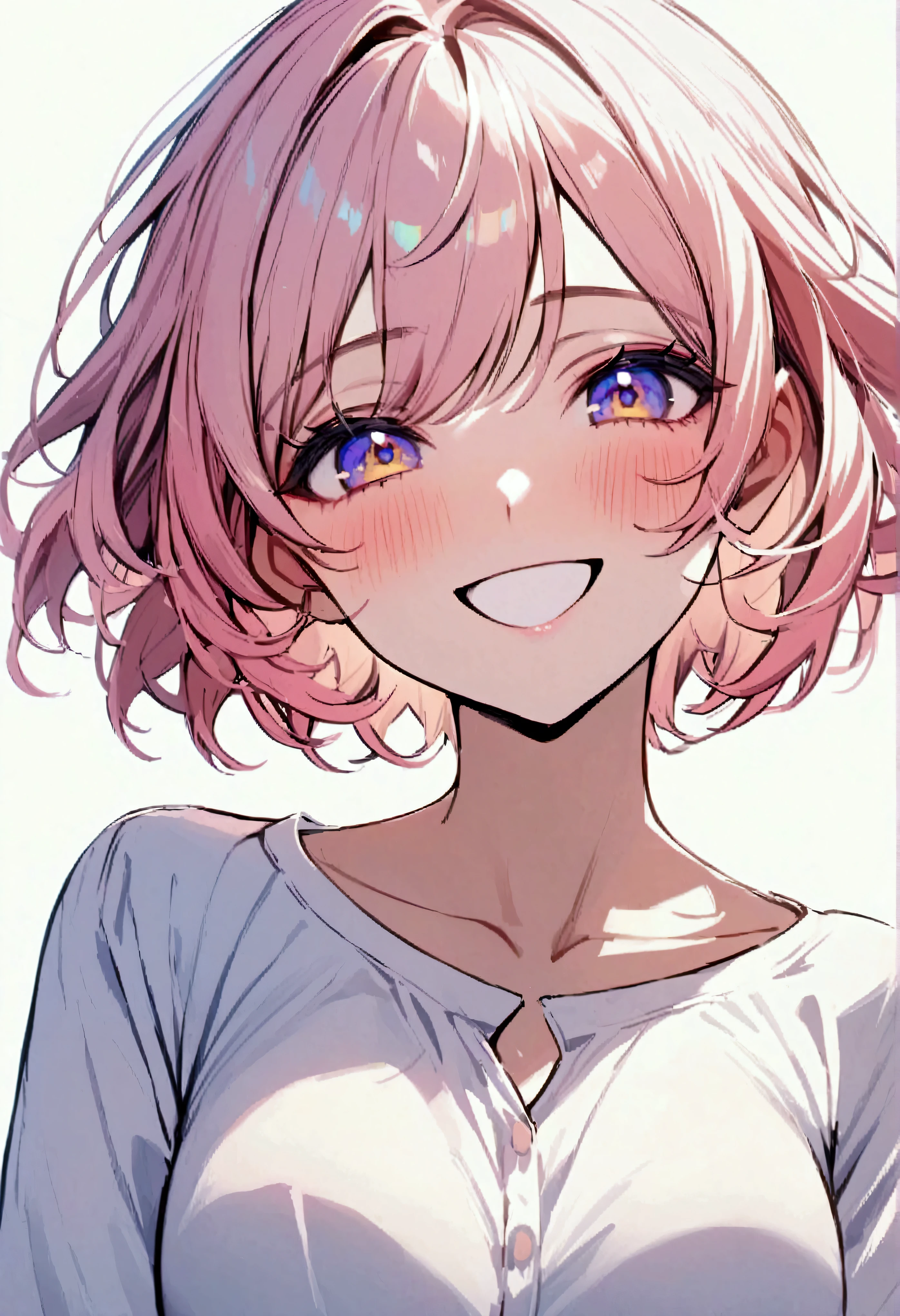 Young woman, short hair, pink-yellow hair, blue-purple-yellow eyes, Blue Makeup, white shirt, simple background, smiling, blushing, half body
