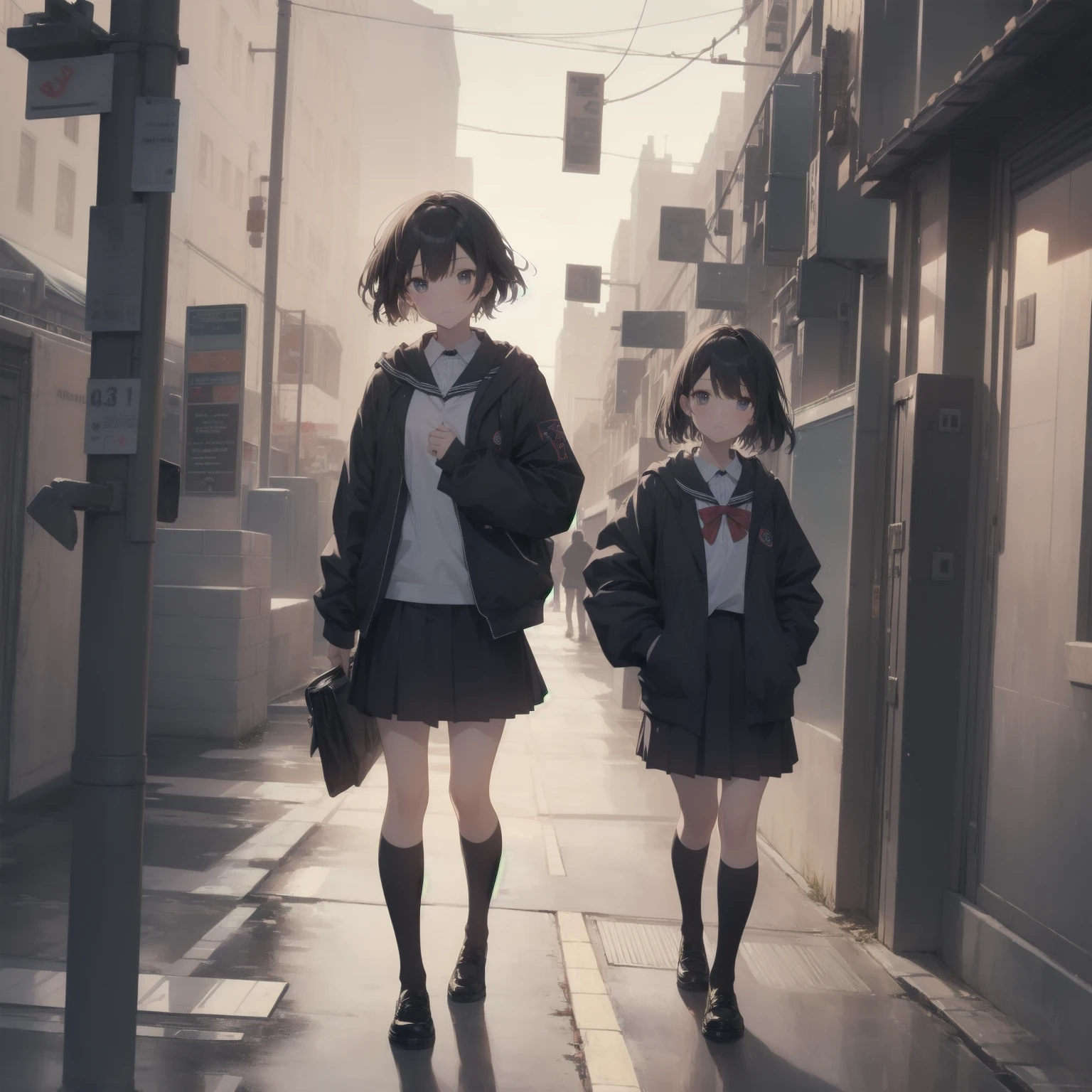 ultra-absurdres-Top quality by artist God, ultra-detailed, high resolution, anime moe artstyle, best anime 8k konachan wallpaper, pixiv contest winner, pool:2810, perfect anatomy,break, 1girl, (Please draw a girl walking sleepily to school alone. )break,(Solo,little female, 13-year-old:1.3),Full limbs, complete fingers,a junior high school student, (very short hair), short cut, flat chest, , small butt, small black eyes, beautiful detailed eyes, well-proportioned iris and pupils, expressive eyes, highres detailed hair, soft expression, salor school_uniform, sailor collar, serahuku, bow, pleated skirt,(Detailed Lighting), (Detailed background), in the School commute route. break,super detailed skin, Best cinematic lighting powered by famous artist, 8k,beauty illustration,photoshop_(medium),very aesthetic,break,((artist:haruhisky )), artist:clamp ,artist:carnelian ,artist:kantoku ,