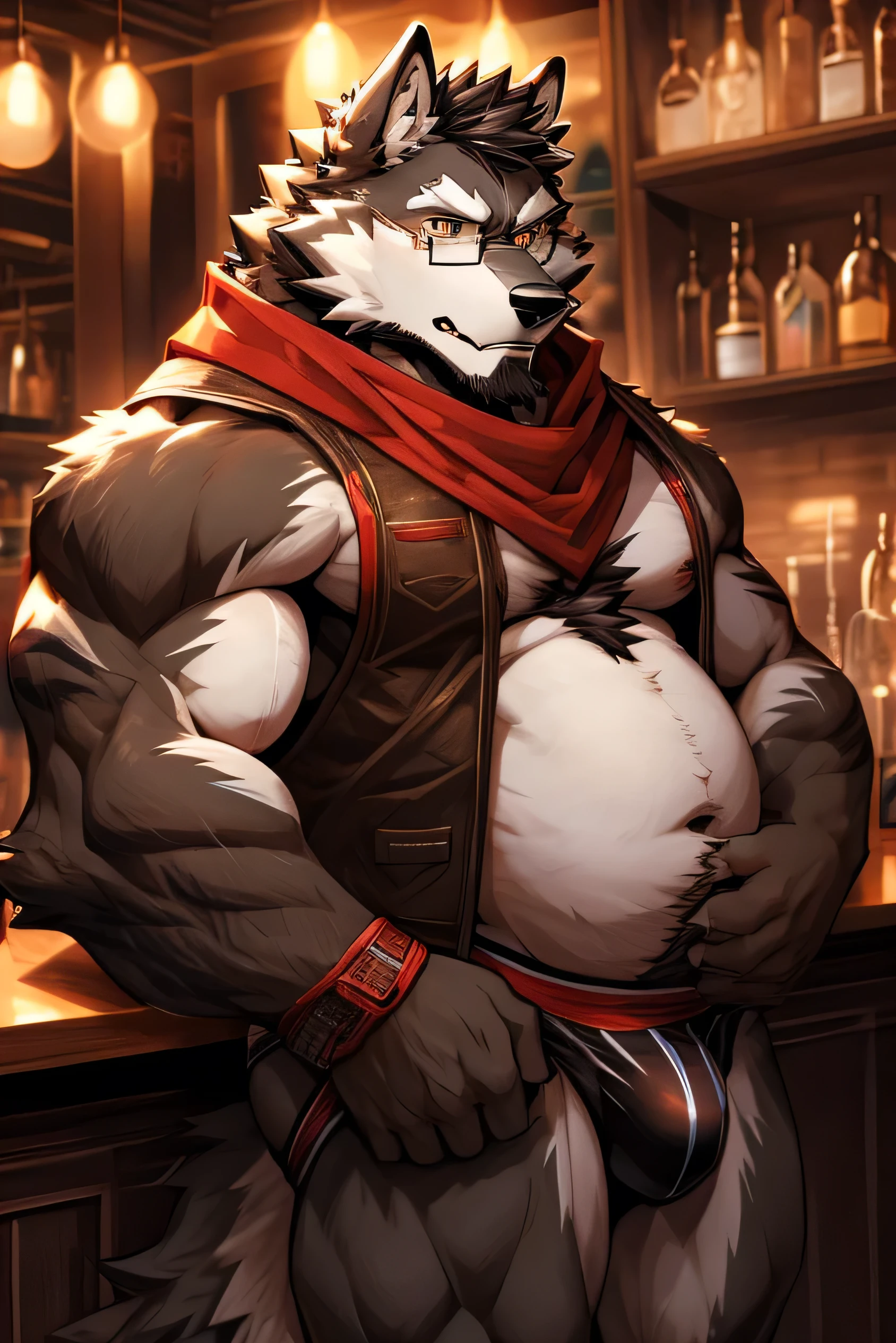 alone, fat muscular man, belly, furry wolf (dark brown fur), thin haircut (white color), thick beard (black color), amber eyes, ((red scarf)), ((glasses)), stripes on arms (black color), white belly, hairy, wolf tail, wolf ear, vest, no shirt, jockstrap, bartender, behind a bar counter,