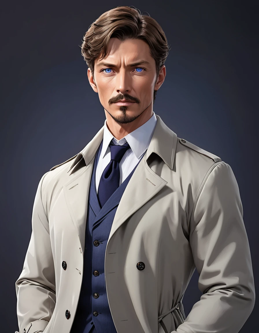 1man, male, parted bangs, medium-short hair, brown hair, muscular male celeb, short goatee, short mustache, indigo eyes, gentleman, elegant netori male, dark iris, ideal ratio body proportions, BREAK solo, white collared shirt, gray trench coat, black neck ribbon, upperwaist, BREAK in gentle sasaki style, visual novel, 2010s, extreme all detailed, masterpiece, best quality