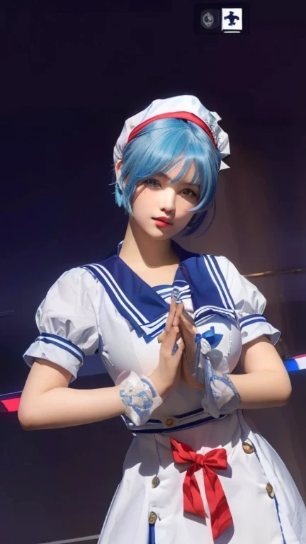 a close up of a person in a dress with a blue hair, sailor uniform, short blue haired woman, big breasts