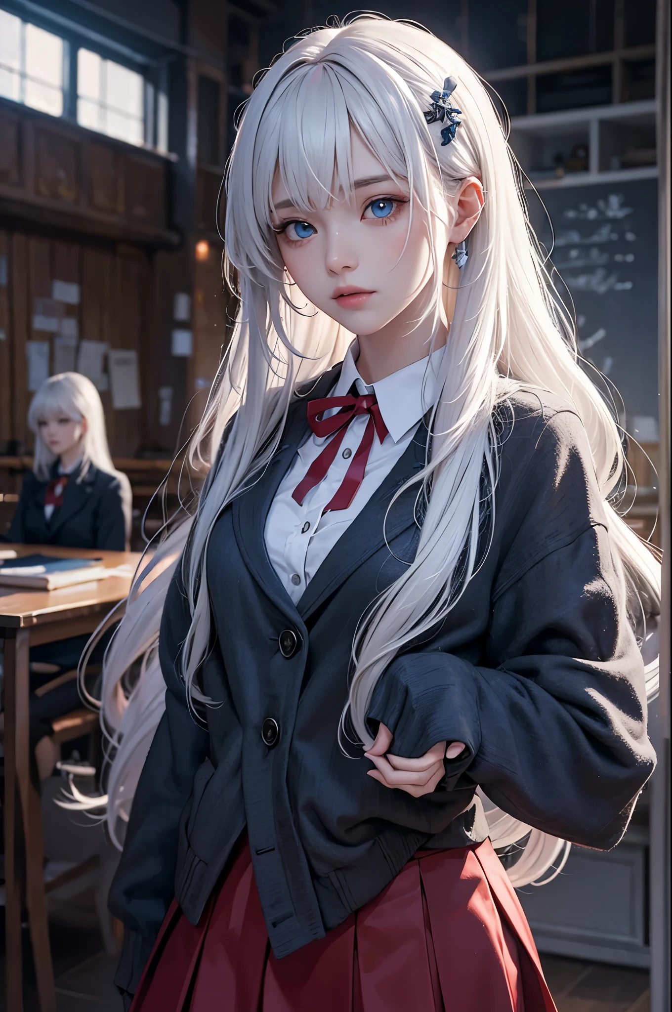 Volumetric Lighting, (masterpiece), (best quality), (ultra-detailed), masterpiece, source_anime, score_9, score_8_up, score_7_up BREAK, illustration, disheveled hair, detailed eyes, perfect composition, moist skin, intricate details BREAK, light depth, dramatic atmospheric lighting, Volumetric Lighting, Moegami, long hair, white hair, blue eyes BREAK, schoolorigami,ori hairclip, rzn blazer, rzn shirt, rzn skirt, rzn neck ribbon, red ribbon, BREAK, classroom