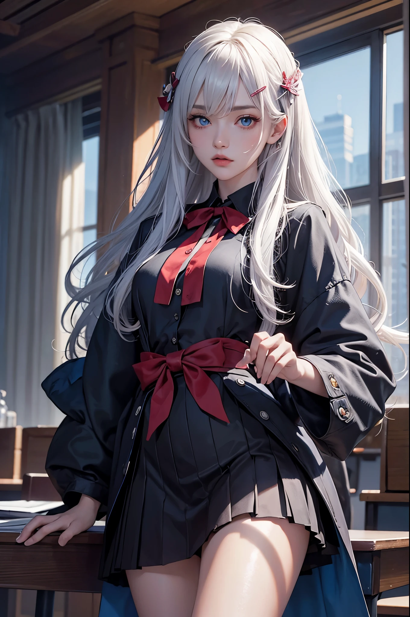 Volumetric Lighting, (masterpiece), (best quality), (ultra-detailed), masterpiece, source_anime, score_9, score_8_up, score_7_up BREAK, illustration, disheveled hair, detailed eyes, perfect composition, moist skin, intricate details BREAK, light depth, dramatic atmospheric lighting, Volumetric Lighting, Moegami, long hair, white hair, blue eyes BREAK, schoolorigami,ori hairclip, rzn blazer, rzn shirt, rzn skirt, rzn neck ribbon, red ribbon, BREAK, classroom