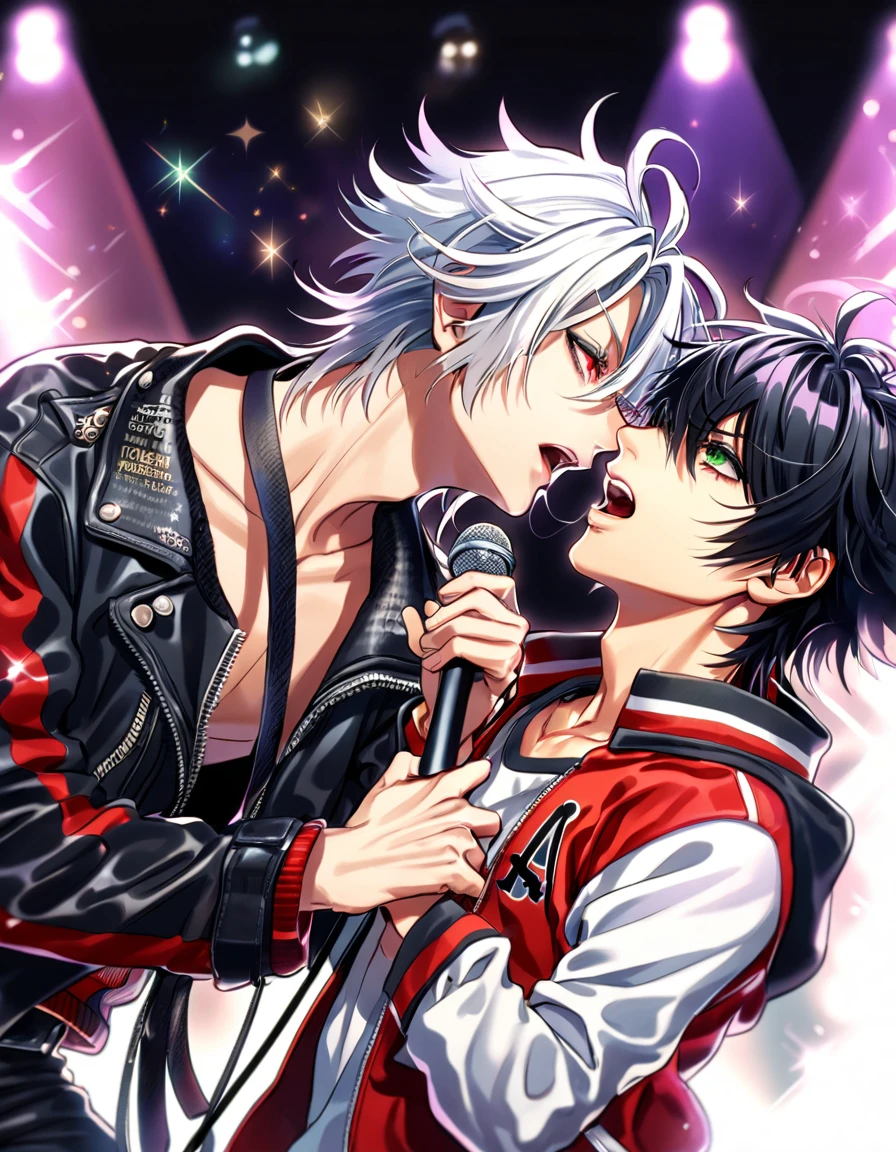 absurdres, highres, ultra detailed, HDR, master piece, best quality, extremely detailed, Aohitsugi Samatoki, chin length white hair, expressive red eyes, long eyelashes, Hypnosis Mic, Yamada Ichiro, chin length black hair, expressive green eyes, black leather jacket, red varsity jacket, two sexy men together, yaoi, gay couple, handsome, fantasy, holding a microphone, singing, stage, sparkling, red glittering lights, magical, red petals, lights
