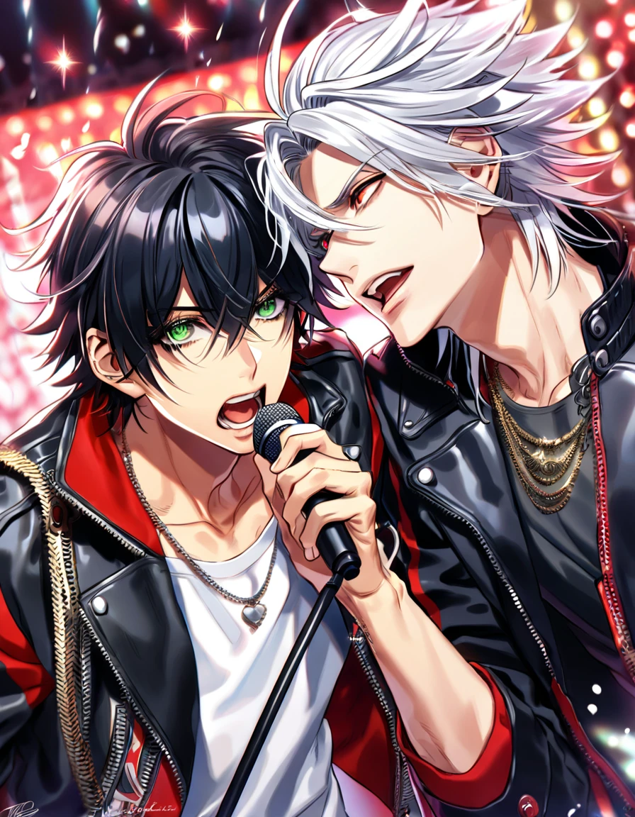 absurdres, highres, ultra detailed, HDR, master piece, best quality, extremely detailed, Aohitsugi Samatoki, chin length white hair, expressive red eyes, long eyelashes, Hypnosis Mic, Yamada Ichiro, chin length black hair, expressive green eyes, black leather jacket, red varsity jacket, two sexy men together, yaoi, gay couple, handsome, fantasy, holding a microphone, singing, stage, sparkling, red glittering lights, magical, red petals, lights
