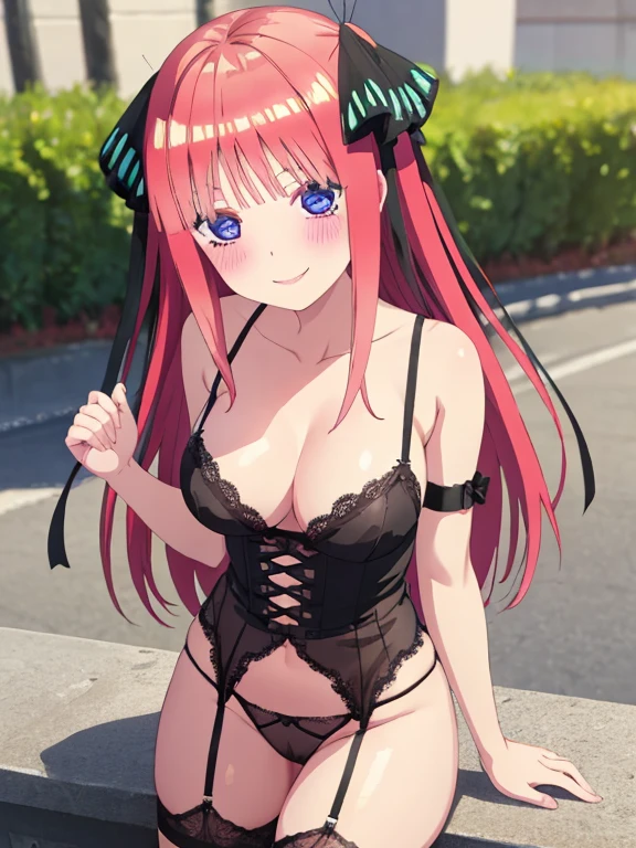 best quality, insanely detailed, nino nakano, breasts, blush, outdoor background, bare-shoulder, looking at viewer, garter strap, a black ribbon, stockings, pussy, smile, lingerie garterbelt