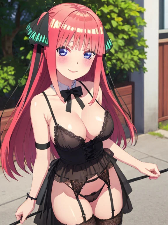 best quality, insanely detailed, nino nakano, breasts, blush, outdoor background, bare-shoulder, looking at viewer, garter strap, a black ribbon, stockings, pussy, smile, lingerie garterbelt