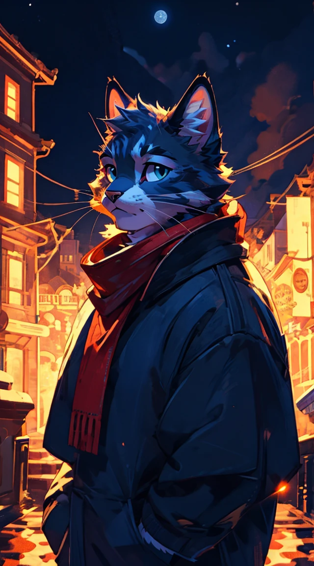 a complete body, Anthropomorphic senior adult cat wearing a blue hoodie., pants and a red scarf around the neck, beautiful face , posing for a photo on a hill at night with a city in the distance