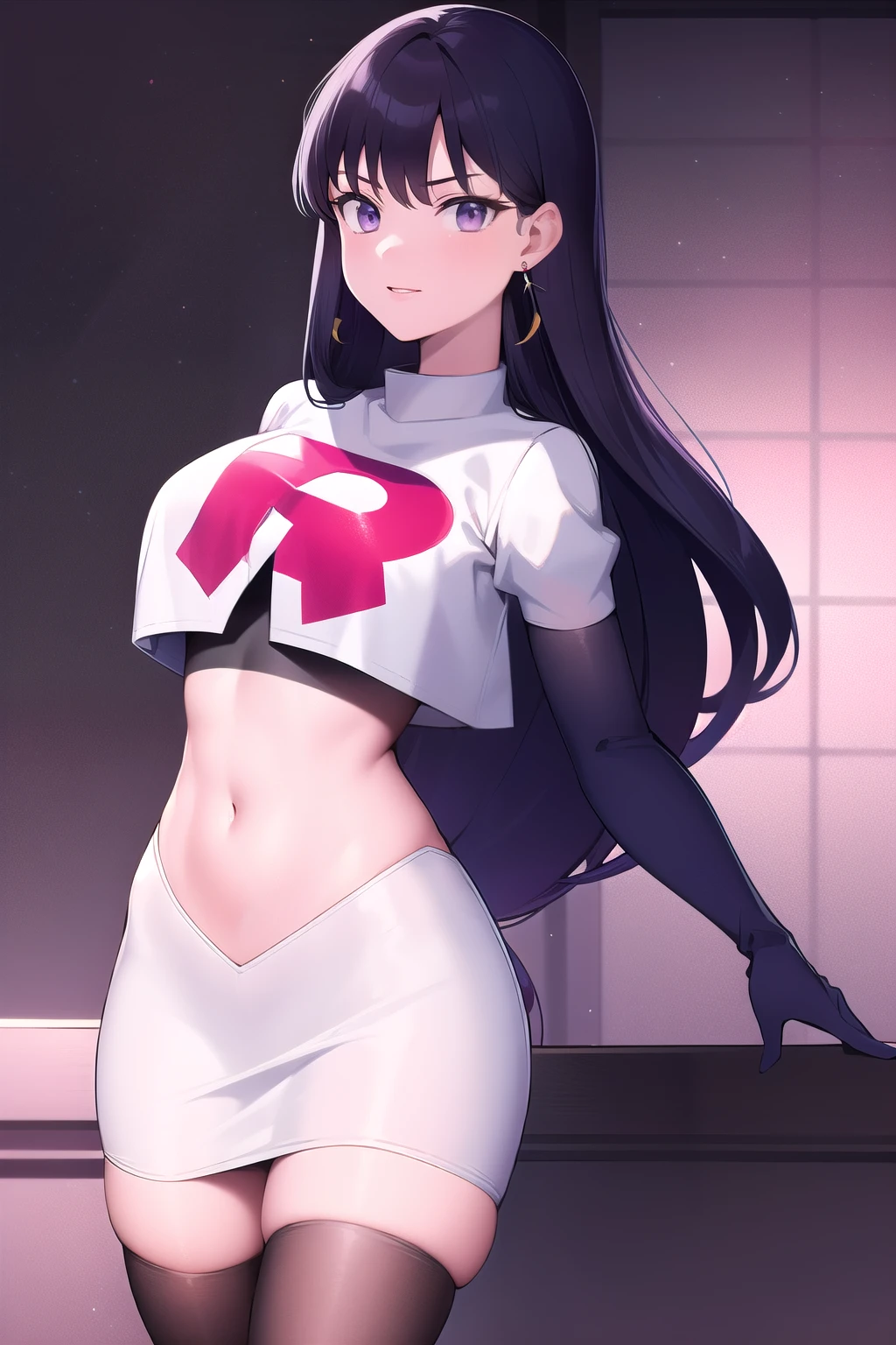 ReiHino, long hair, jewelry, kizukiAI, mature woman, crescent earrings, team rocket,team rocket uniform,white skirt,red letter R,crop top,black thigh-highs,black elbow gloves, earrings,