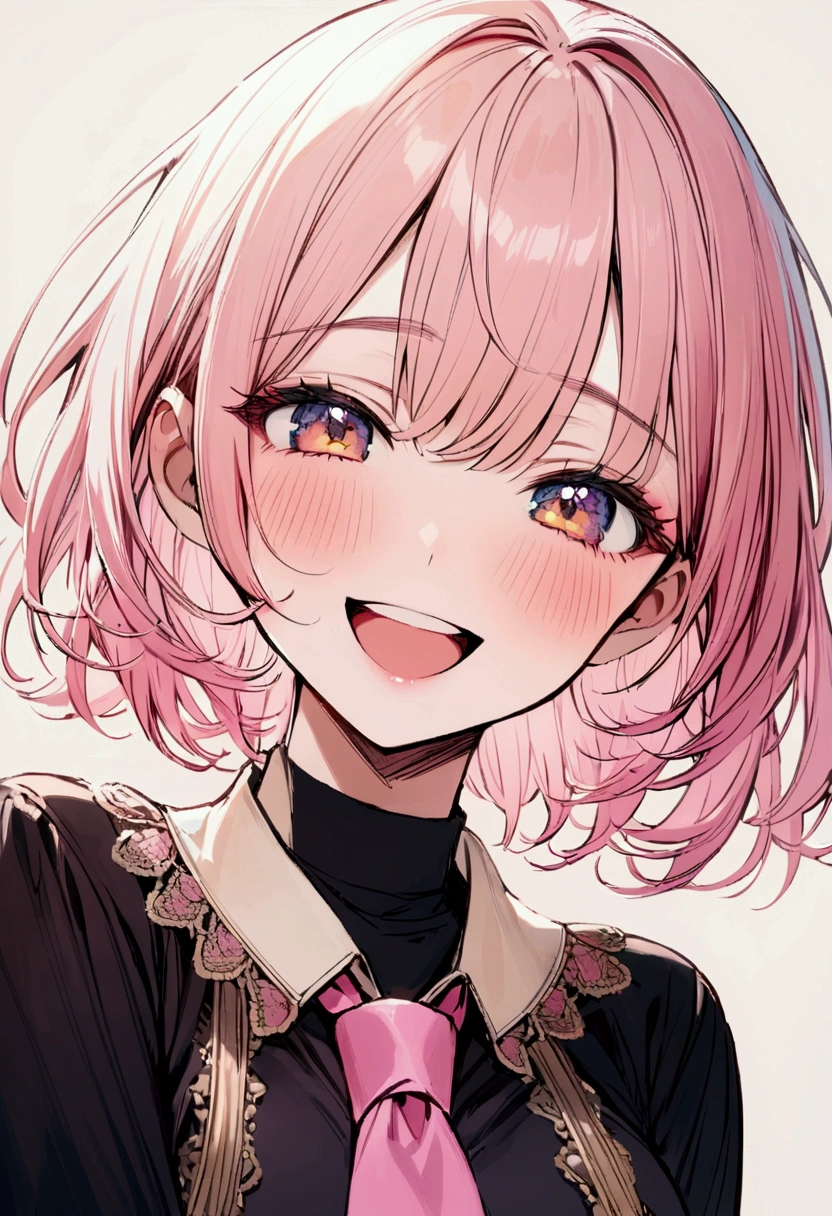 Young woman, Upper body, short hair, pink-yellow hair, Blue Makeup, black shirt, pink necktie, simple background, smiling, blushing
