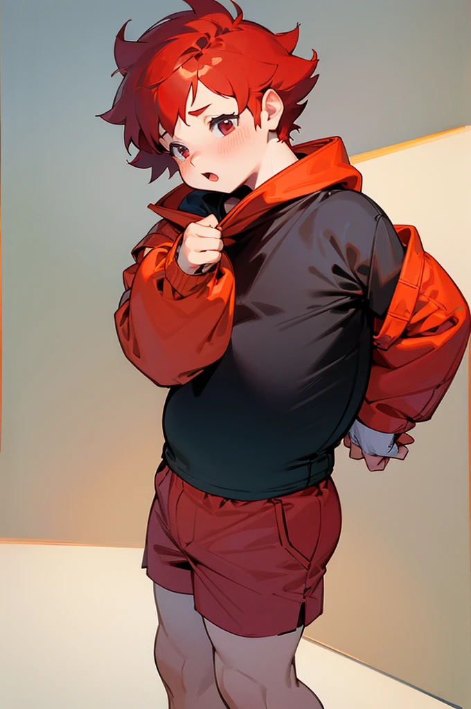 Imagine a chubby red-haired toddler boy with tight shorts