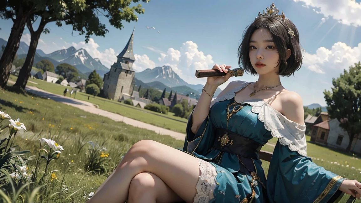 ((best quality)),白人女孩坐在transportation上,transportation,From below,open mouth,Scepter in hand,have,Large Breasts,The background is grassland,Fat Girl,Fat Face,White,White的,White厚底鞋,Cross your legs,short hair,((masterpiece)),((1 girl)), Lots of details,((Jewelry)),Medieval noble summer clothing, (Nikolai Fehin),(Fechinbu, That's how they are, ),(fat:1.1)