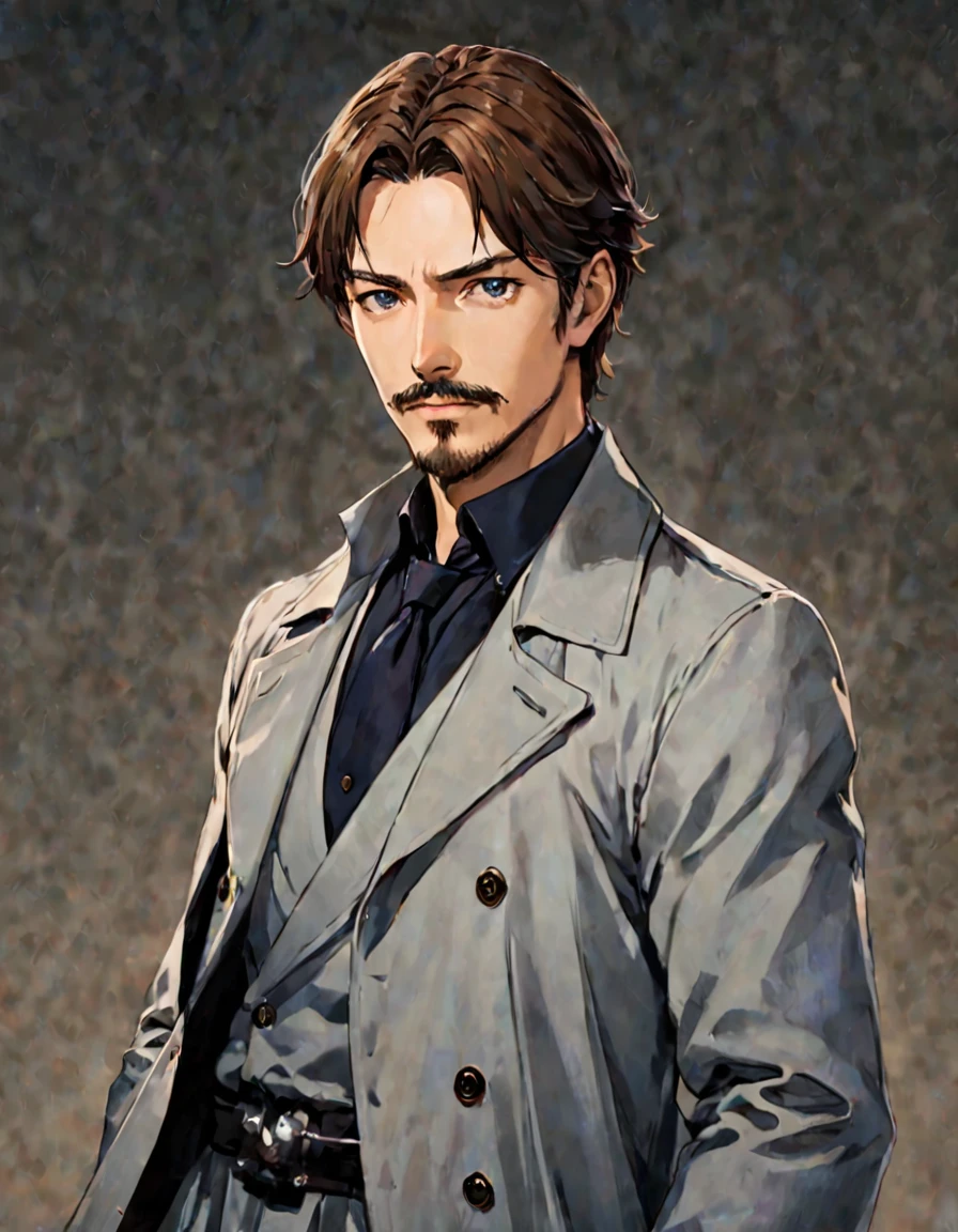 1man, mature male, parted bangs, medium-short hair, brown hair, muscular male celeb, short goatee, short mustache, indigo eyes, gentleman, elegant netori male, dark iris, ideal ratio body proportions, BREAK solo, white collared shirt, gray trench coat, black neck ribbon, upperwaist, BREAK in gentle sasaki style, visual novel, 2010s, extreme all detailed, masterpiece, best quality