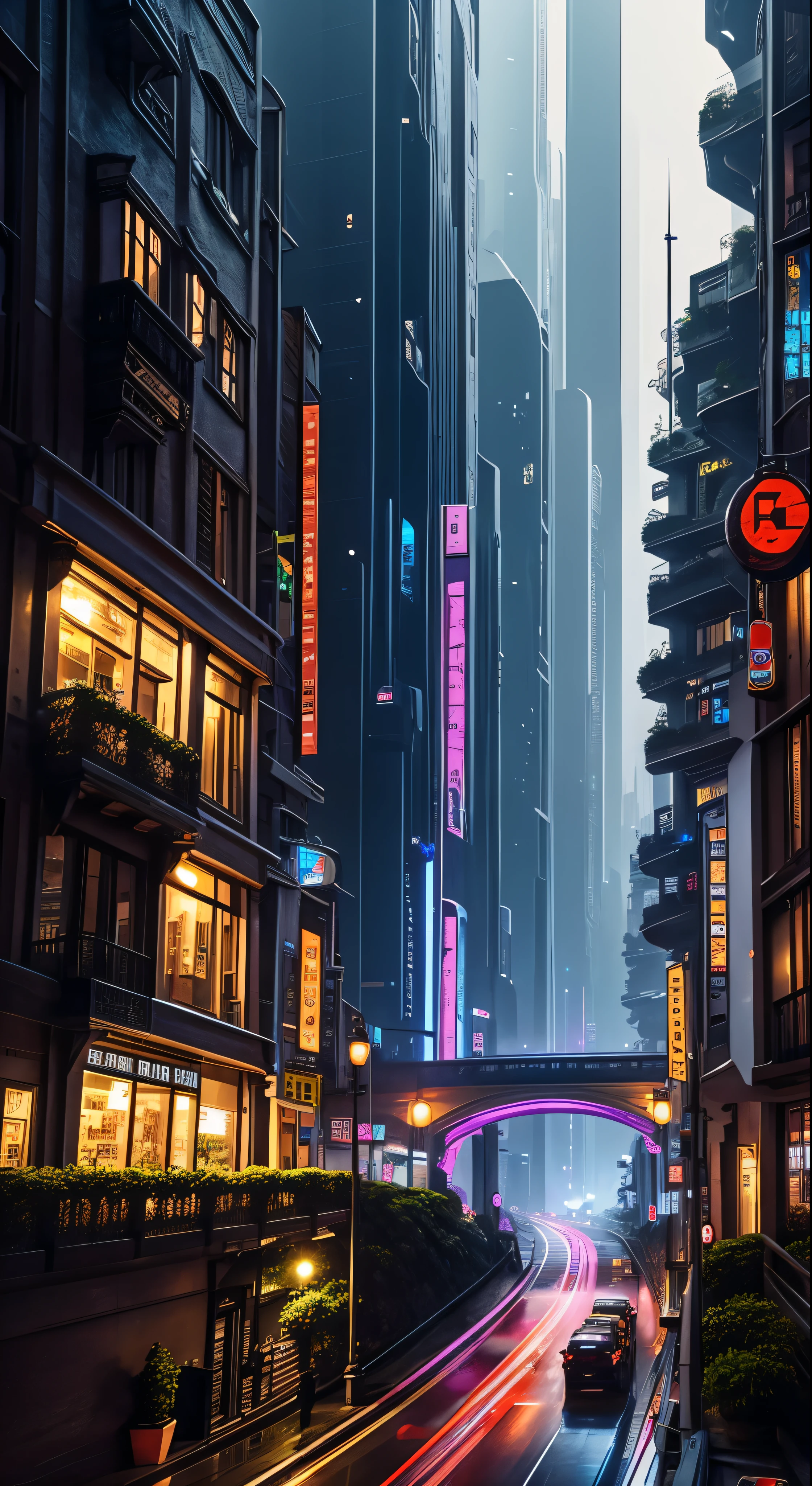 ((Highest quality))、((high detail))、((Real、))Futuristic City、Deep canyon in the middle、Architectural Street、Bazaar、bridge、cyber punk、European architecture、Rainy night、neon、Futuristic Motorcycle