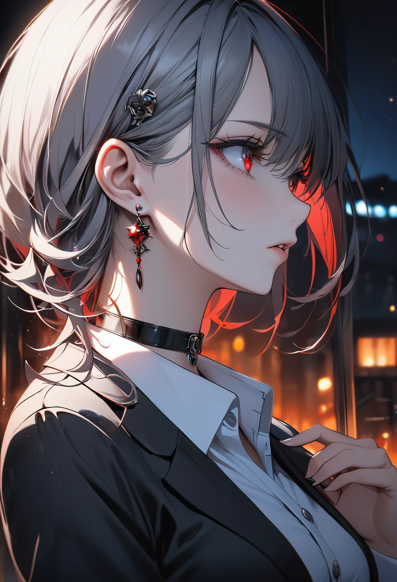 best quality, super_delicate, super delicate eyes, ultra detailed, beautiful, 8k , 1girl, red eyes, evil, facial profile, business shirt, skirt, earrings, choker, black tights, nikke, night