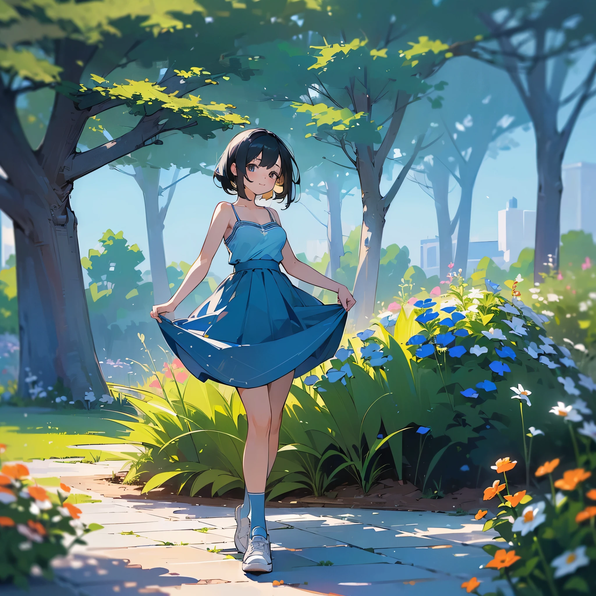 (high quality, High resolution, Very detailed, reality:1.37), Peaceful atmosphere, (Outdoor, garden), age girl standing alone, (my breasts are big.), Beautiful details, Cute Smile, (Black bob hair), camisole, Blue Skirt, Blue socks, sneakers.
