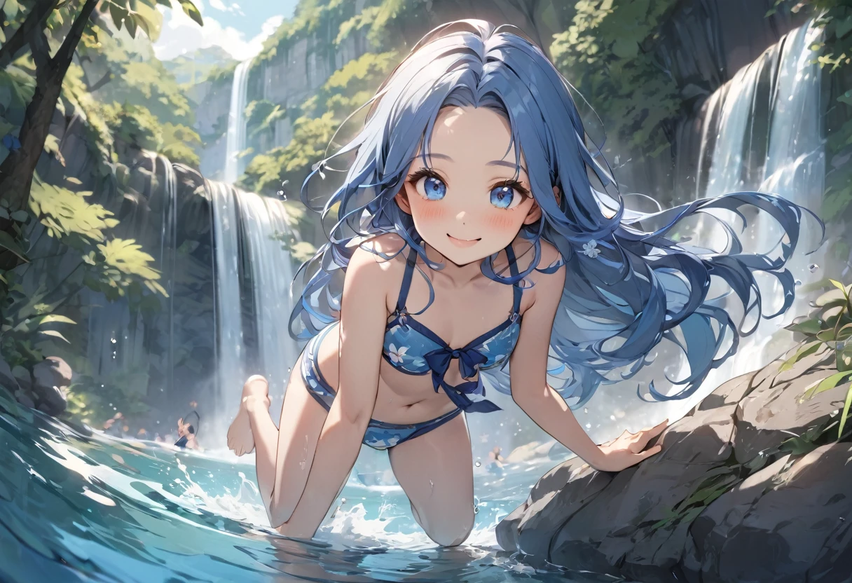 panoramic, (High above Water Surface jumping), (solo:2, 15 yo), (beautiful forehead), (beautiful detailed blue hair long hair), (best cute girl, immensely cute blue eyes, smile, small tits), in a cute bikini, break, in theshade of a rock at the base of a waterfall, background (immensely beautiful Transparent biggest waterfall), BREAK, perfect anatomy, masterpiece, best quality, 16k, beautiful detailed grow, daydreaming expression.