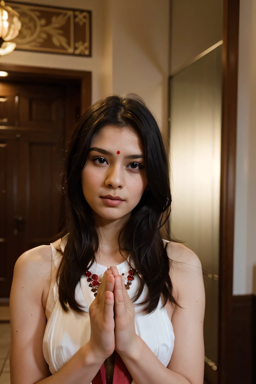 Create 25-year-old cute white girl with long black hair and wearing indian traditional costume and praying to lord muruga in Malaysia